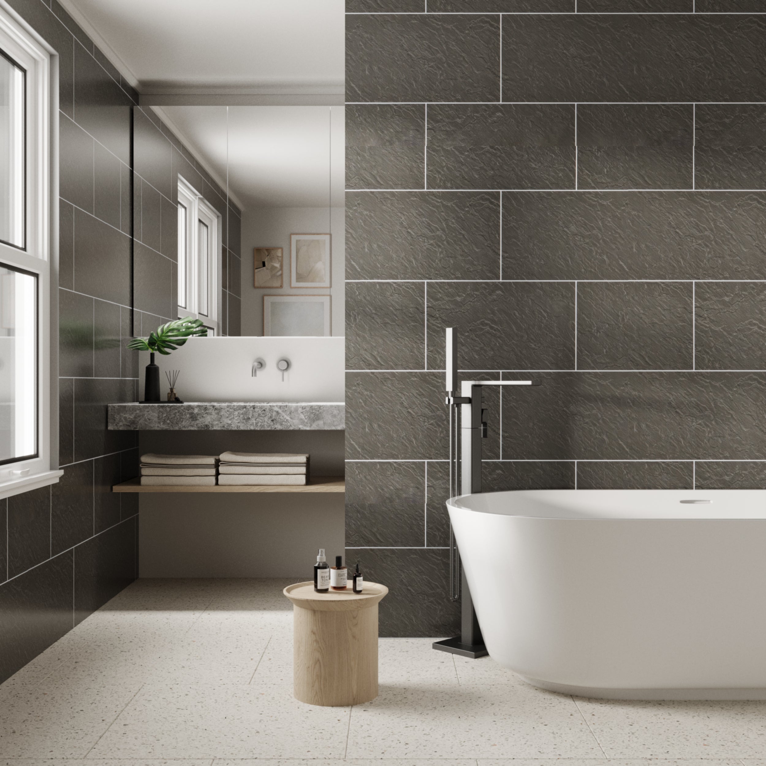 Riven slate earthy texture bathroom wall panels with natural stone look for modern interiors.