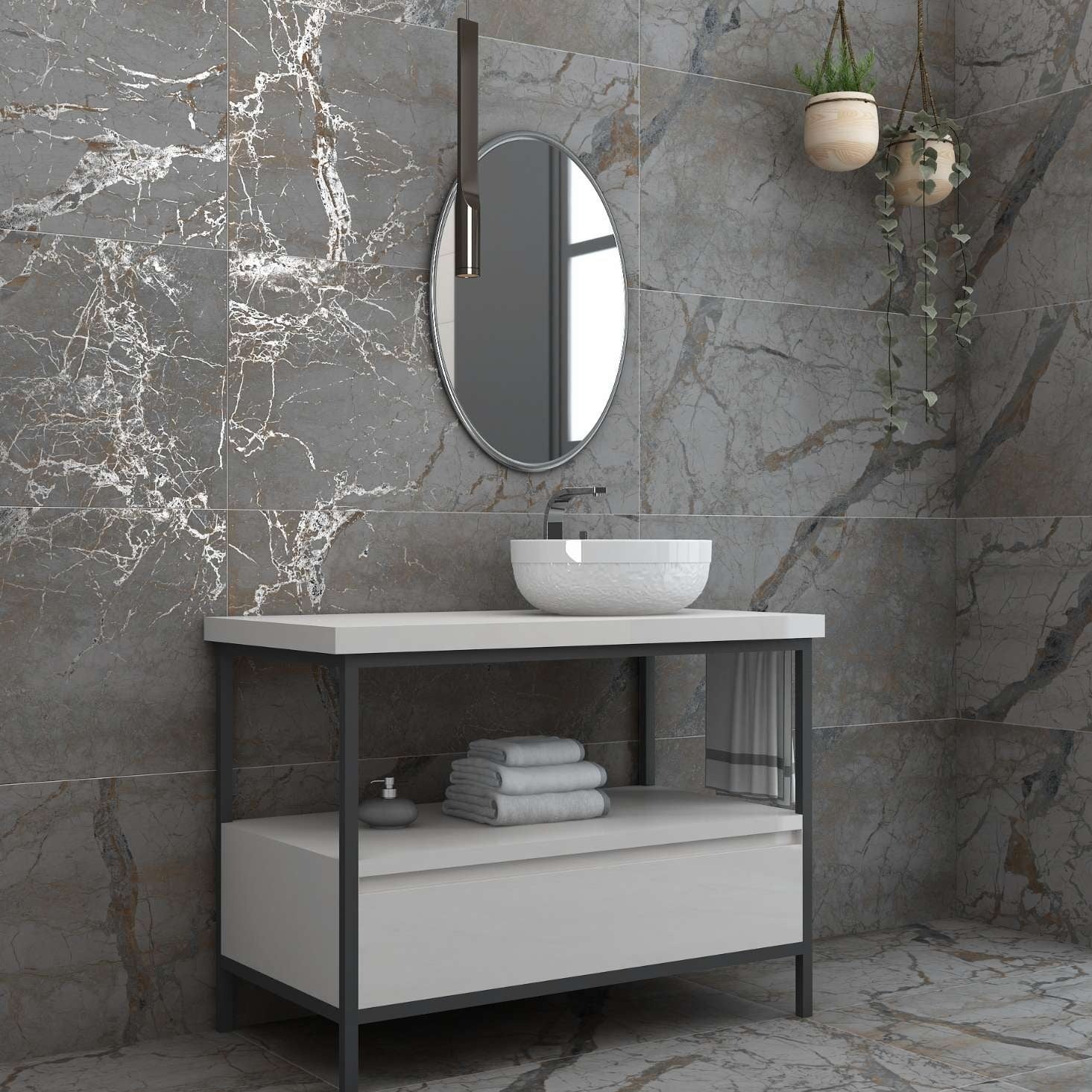 Robusta Steel Copper Matt Finish Porcelain Wall And Floor Tiles in grey with subtle copper veining.