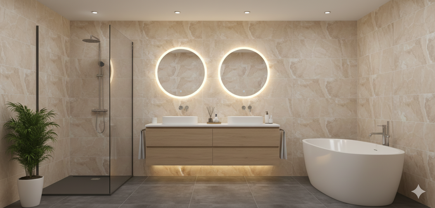 Rockwell Beige Marble Effect Porcelain Wall And Floor Tiles with high gloss finish