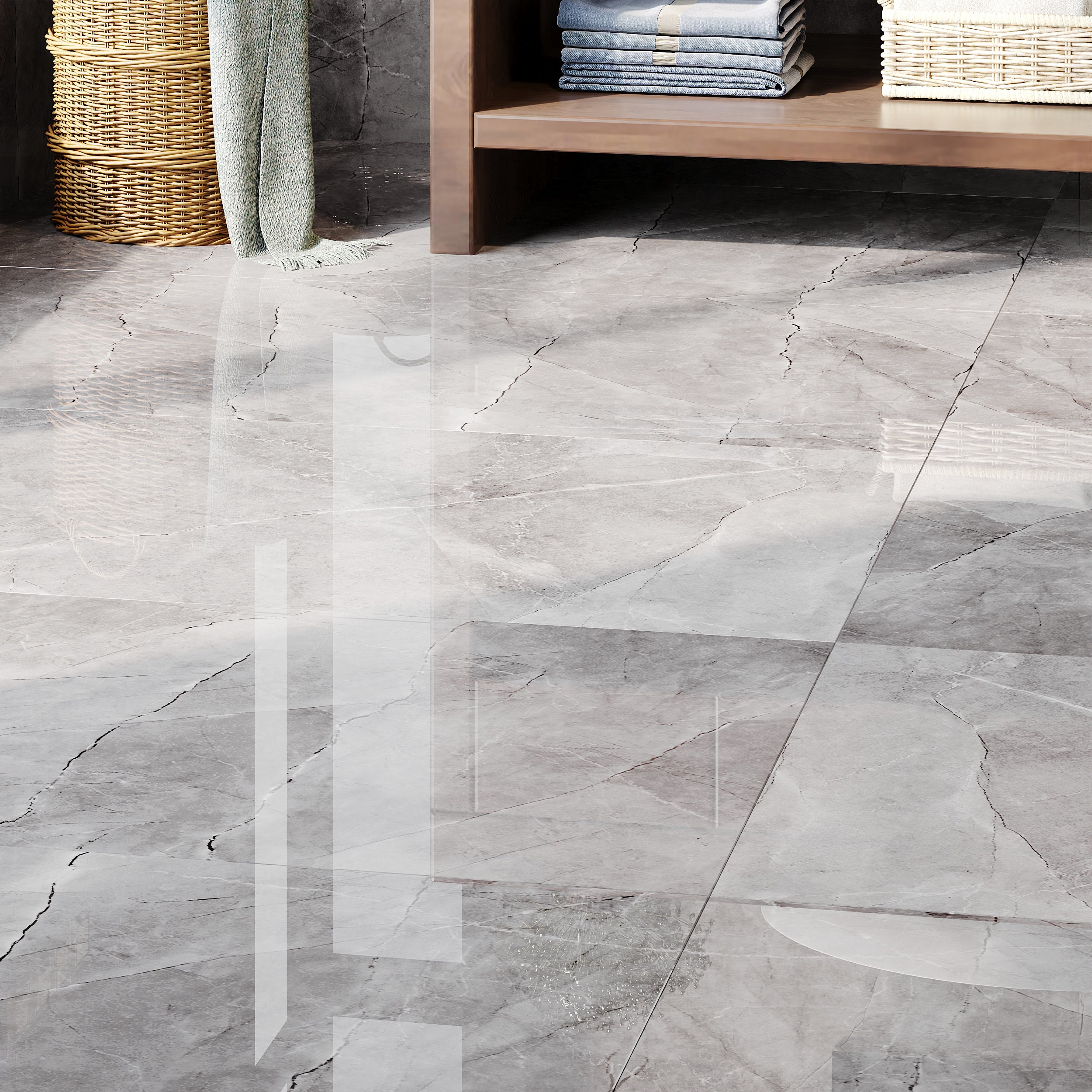 Savino Grey polished glossy rectified porcelain wall and floor tiles for modern minimalist interiors.