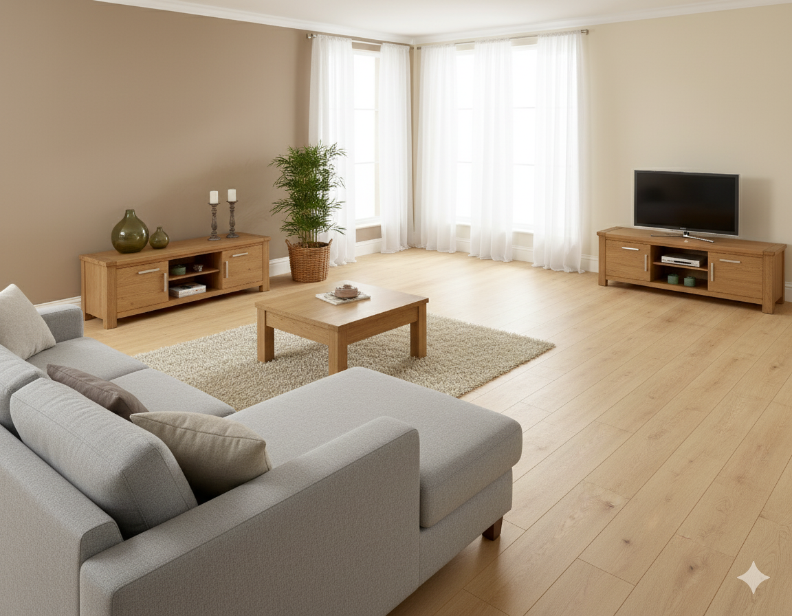 Scratch and stain-resistant oak laminate flooring for high quality laminate flooring in high traffic areas.
