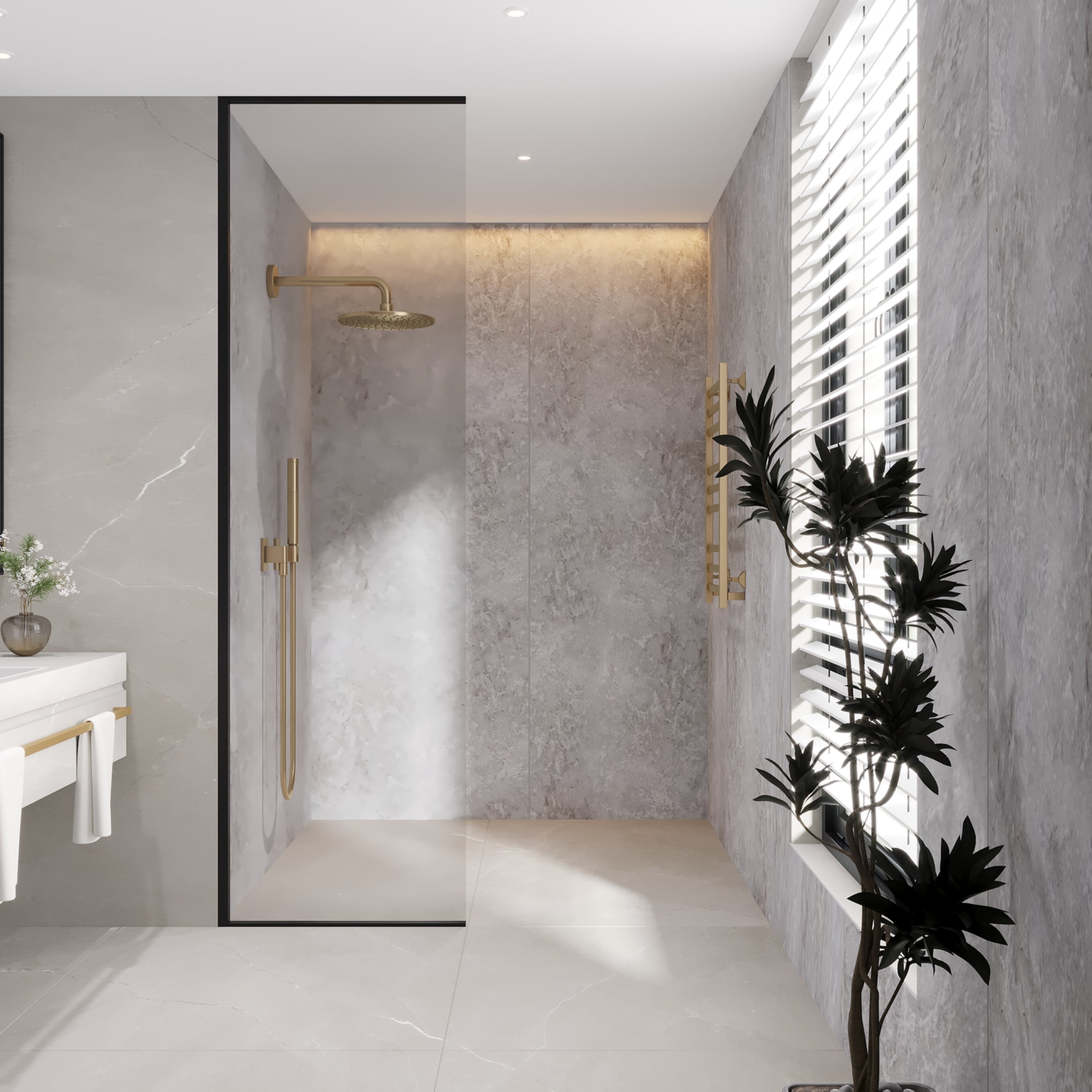 Shower panels in concrete grey waterproof PVC with matte finish for modern industrial bathrooms and kitchens.