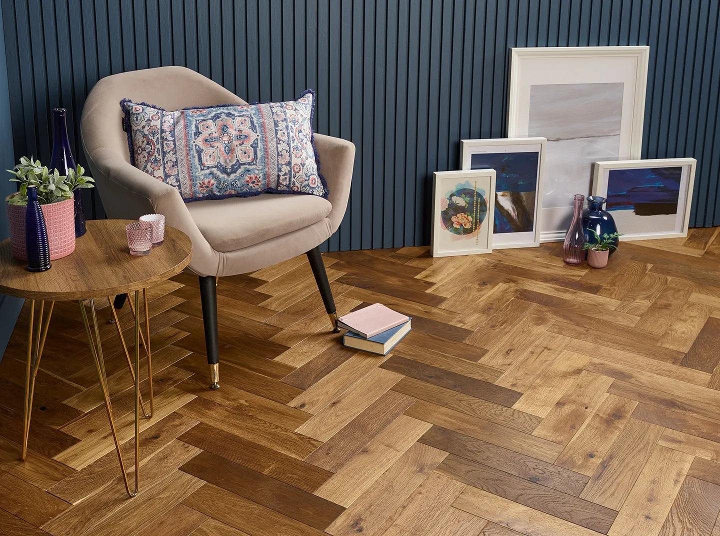 Smoked brushed and oiled engineered oak wood flooring in herringbone style, Porcelain Wall And Floor Tiles inspired finish