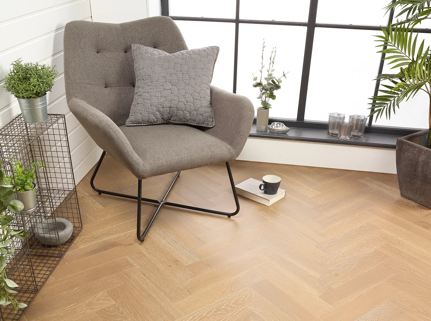 Smoked grey brushed and lacquered oak engineered flooring in herringbone style, Porcelain Wall And Floor Tiles look