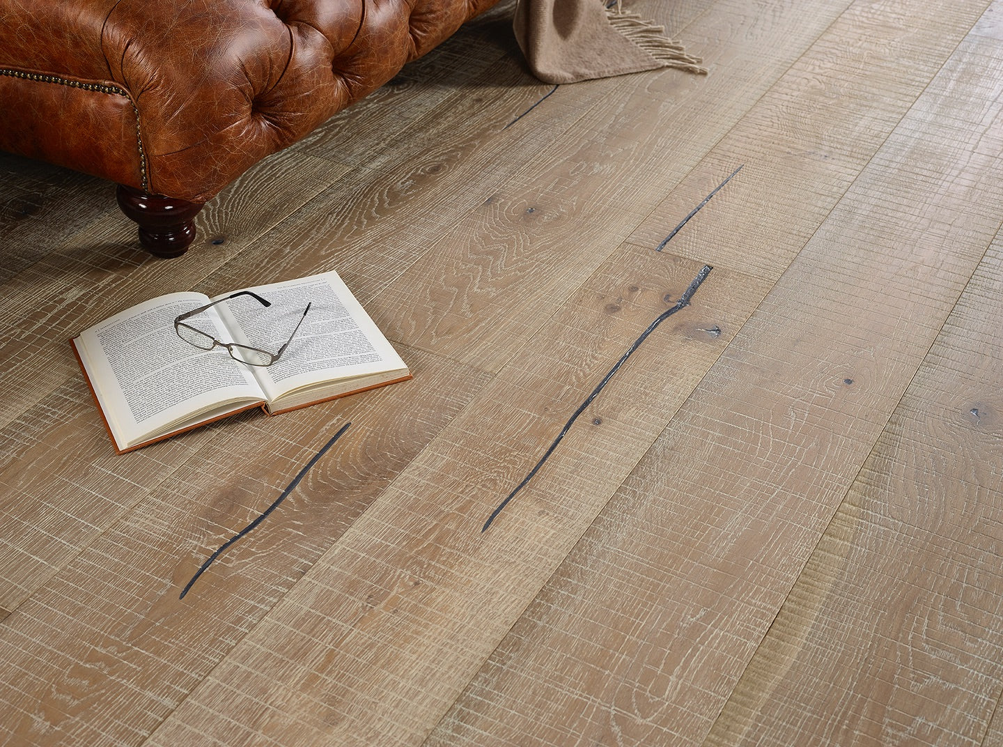 Smoked Grey Saw Mark Distressed Hardwax Oiled Engineered Oak Flooring with rustic texture and durable finish.