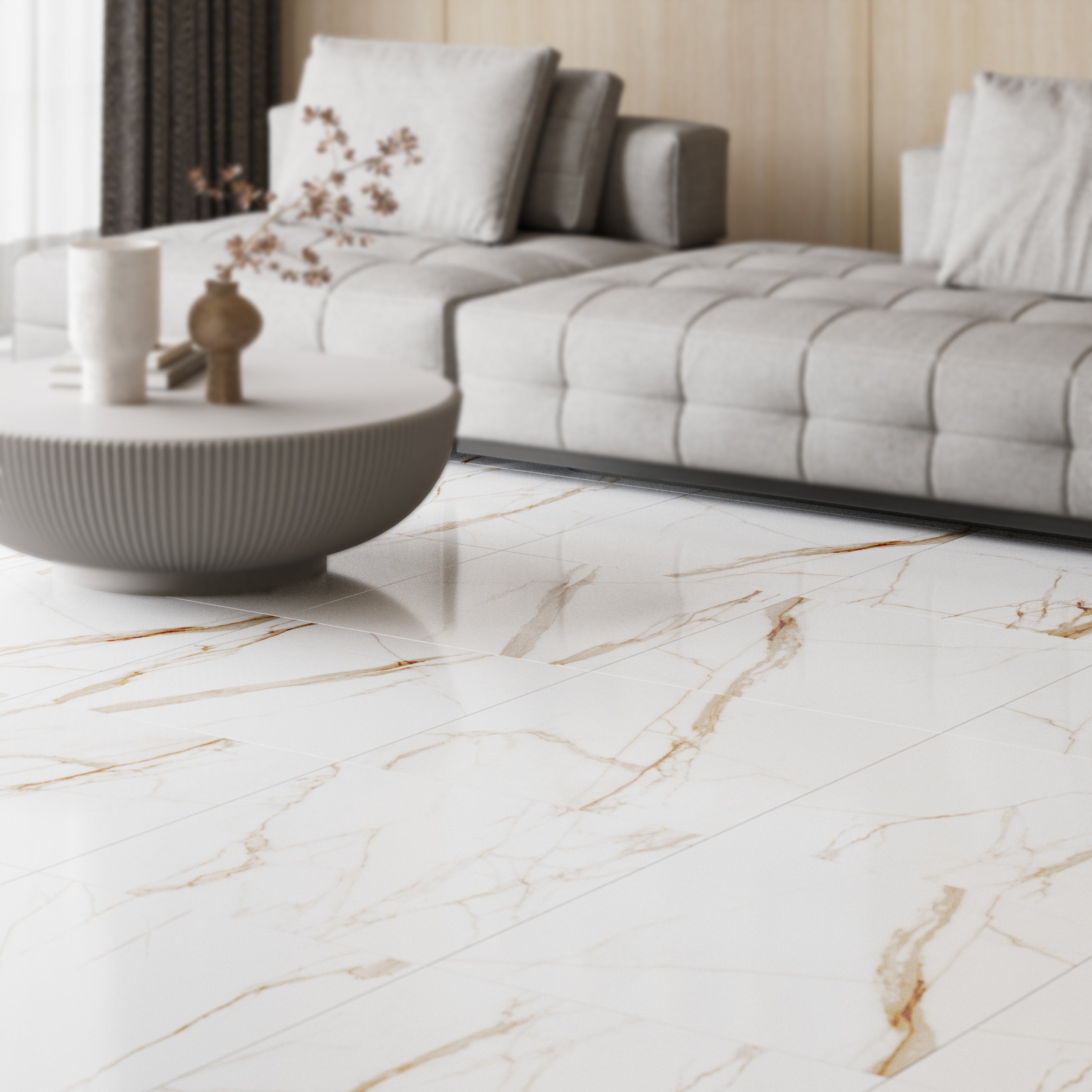 Rectified Soul Honey Porcelain Wall And Floor Tiles with subtle golden honey veins for elegance.