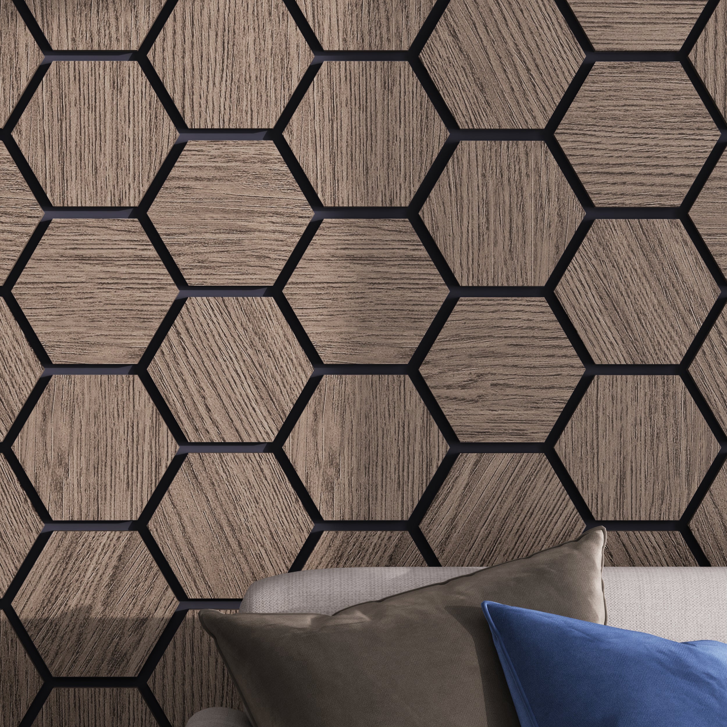 Sound-absorbing hexagon wood panels for home, studio, or office walls.