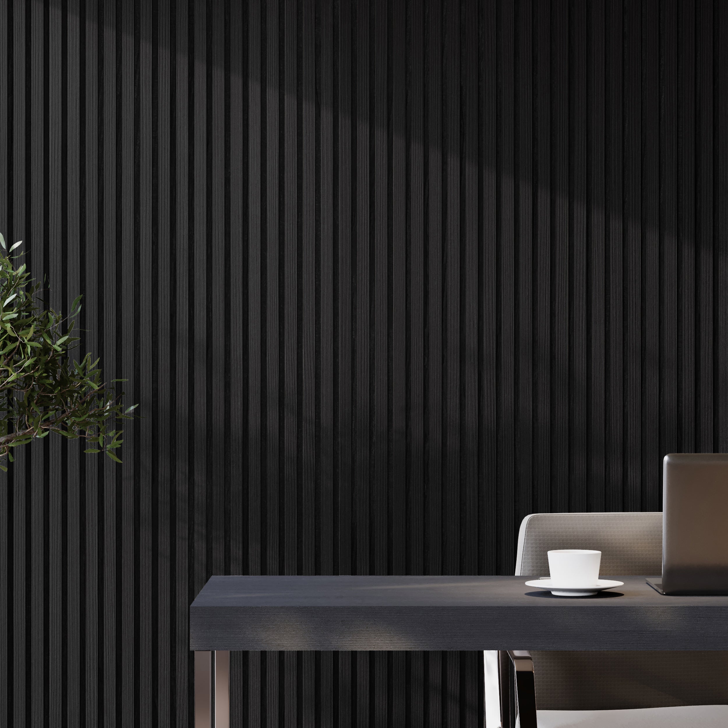 Sound-absorbing black oak slatted wall panels for home, office, and studio use