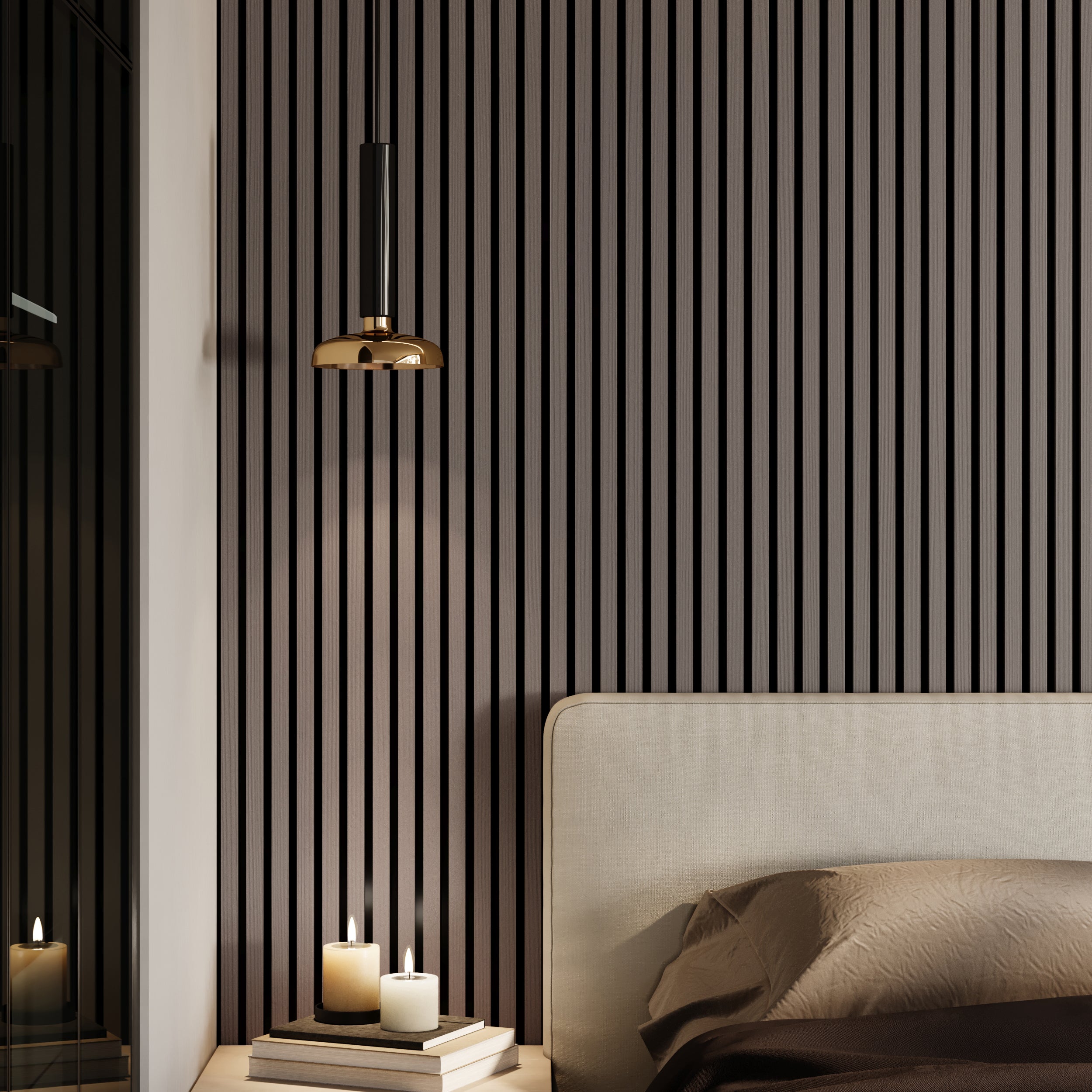 Sound-absorbing grey oak vertical slatted wall panels for home and office use