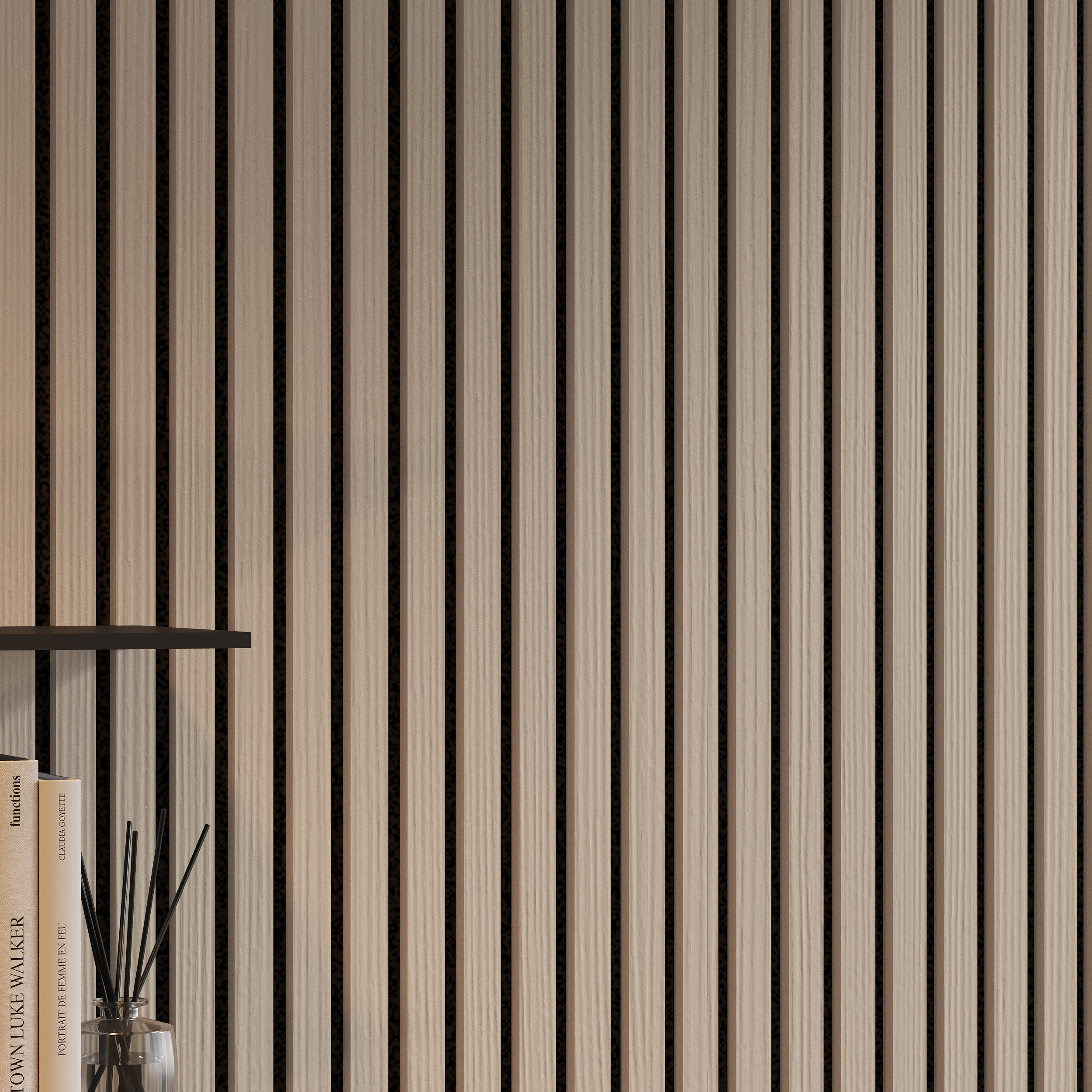 Sound-absorbing white oak wall panels with vertical slats for home and office use.