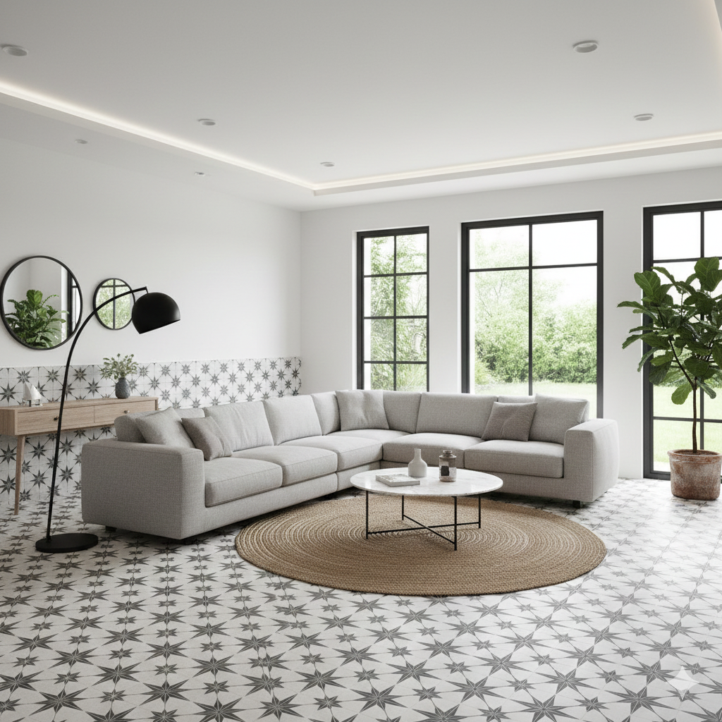 Starry Skies white matt porcelain wall and floor tiles with decorative star pattern for floors.