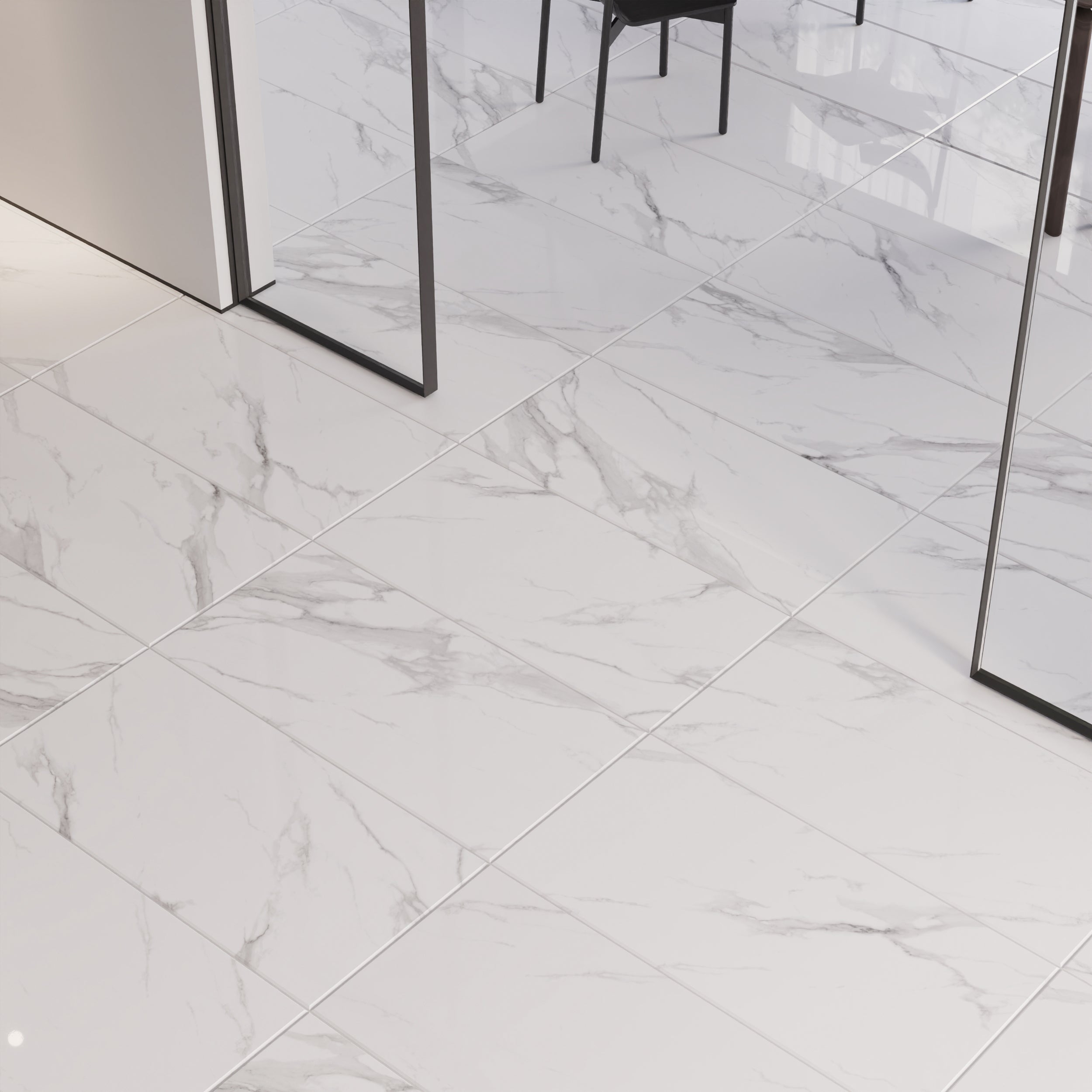 Large-format Statuario Crystal Rectified Porcelain Tiles creating a sleek, open room aesthetic.