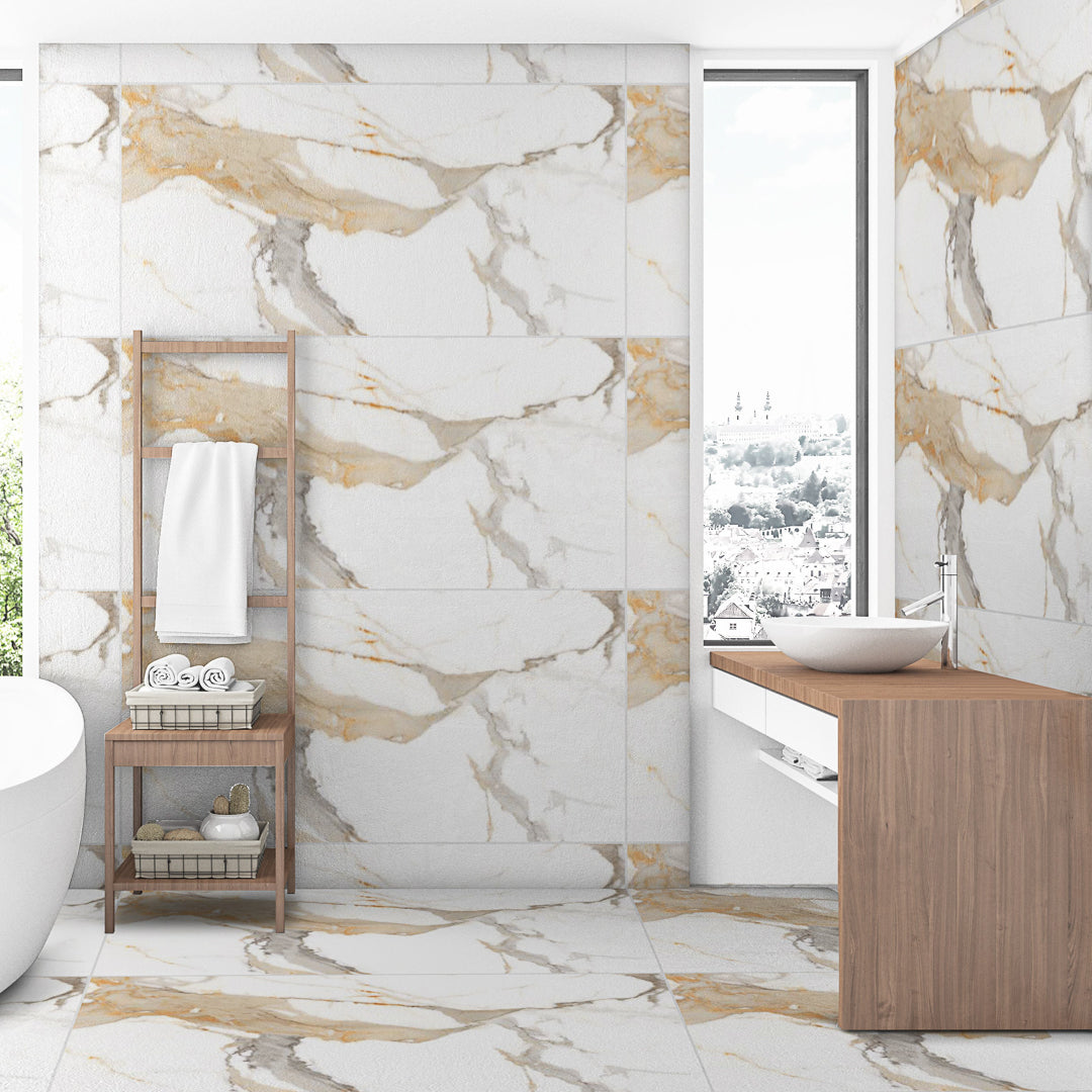 Statuario Roten Rustic Gold-veined Porcelain Wall And Floor Tiles with glossy finish.