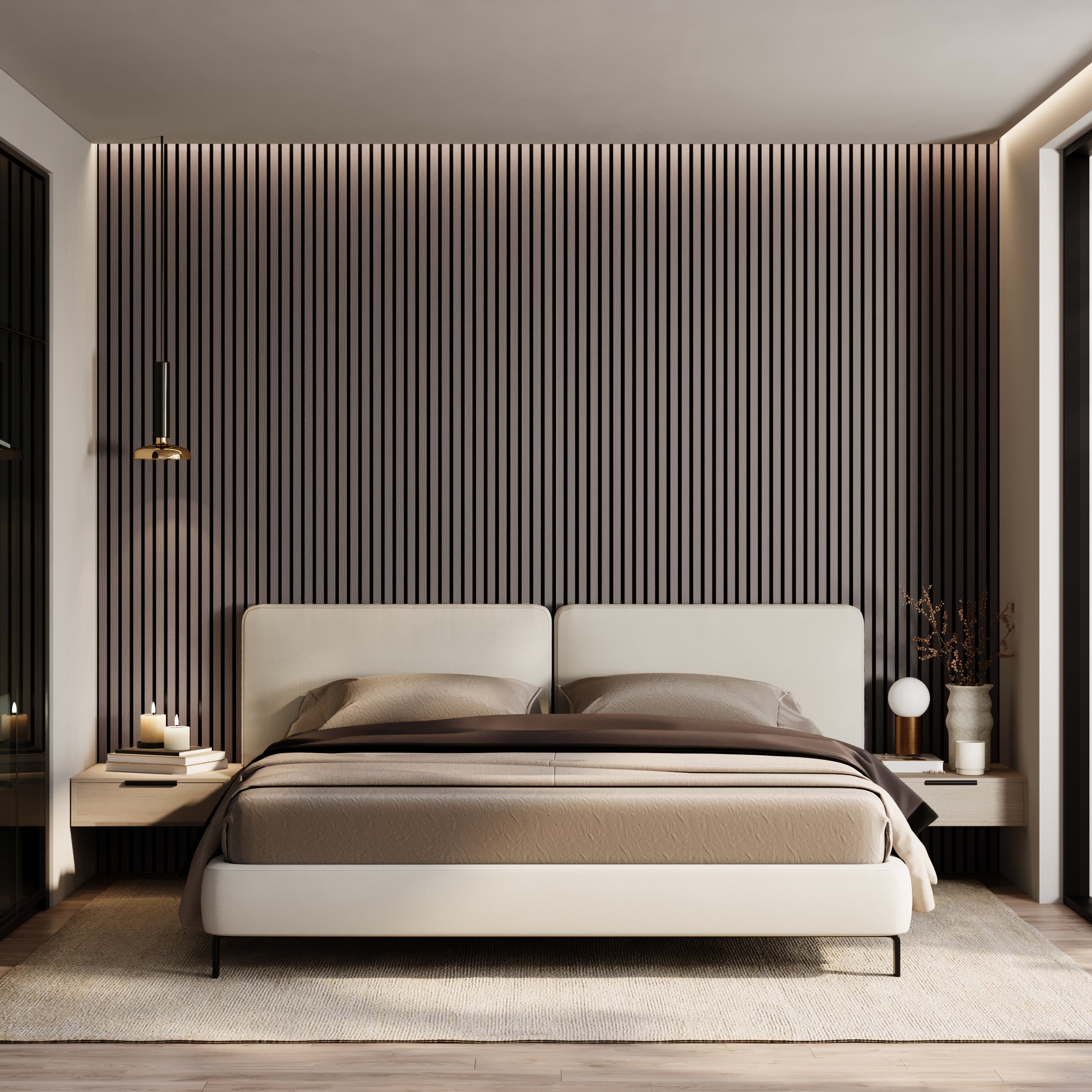 echnical grey oak wooden acoustic wall panels for soundproofing and modern interiors.