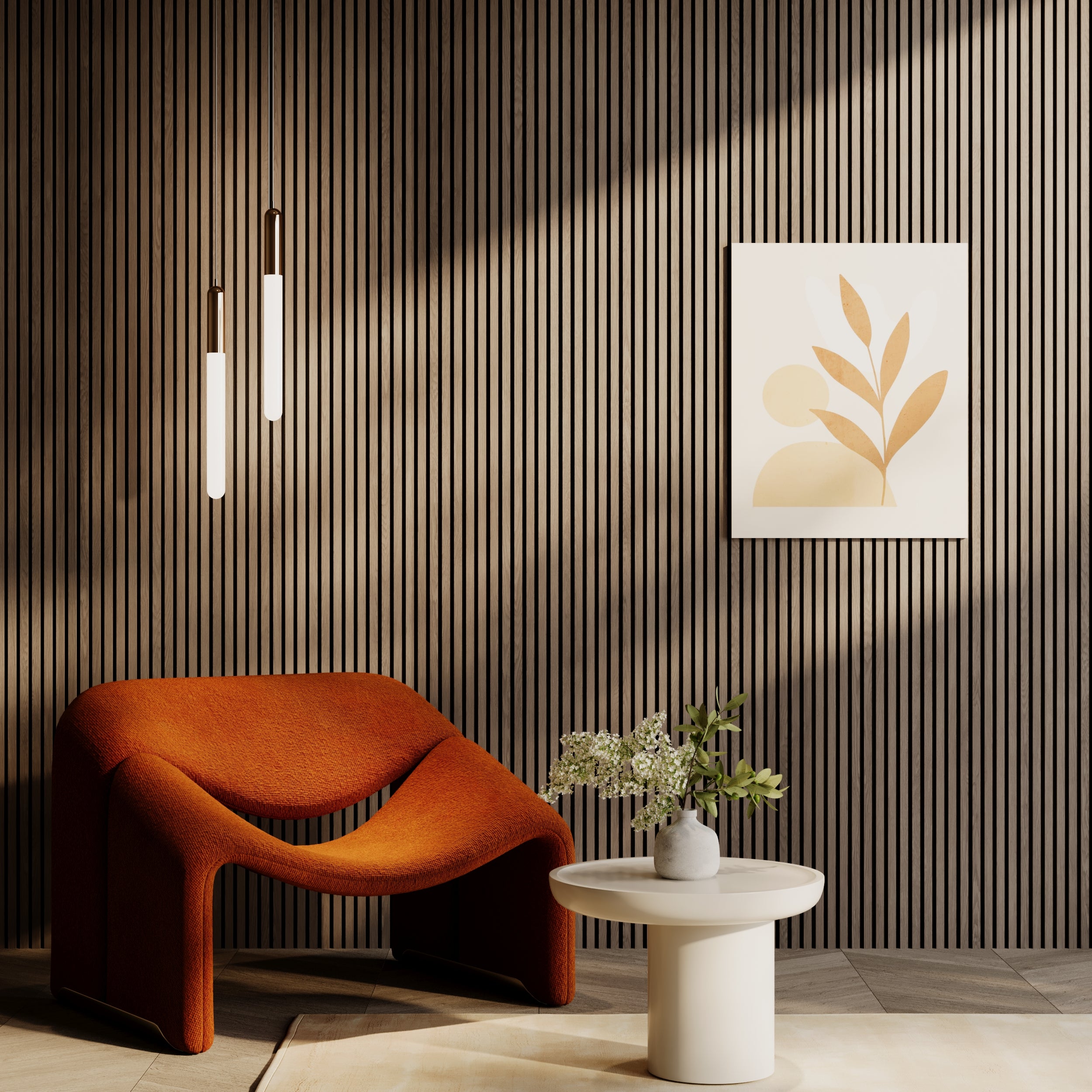 Technical walnut acoustic panels with organic wood finish for sound control and modern interior walls.