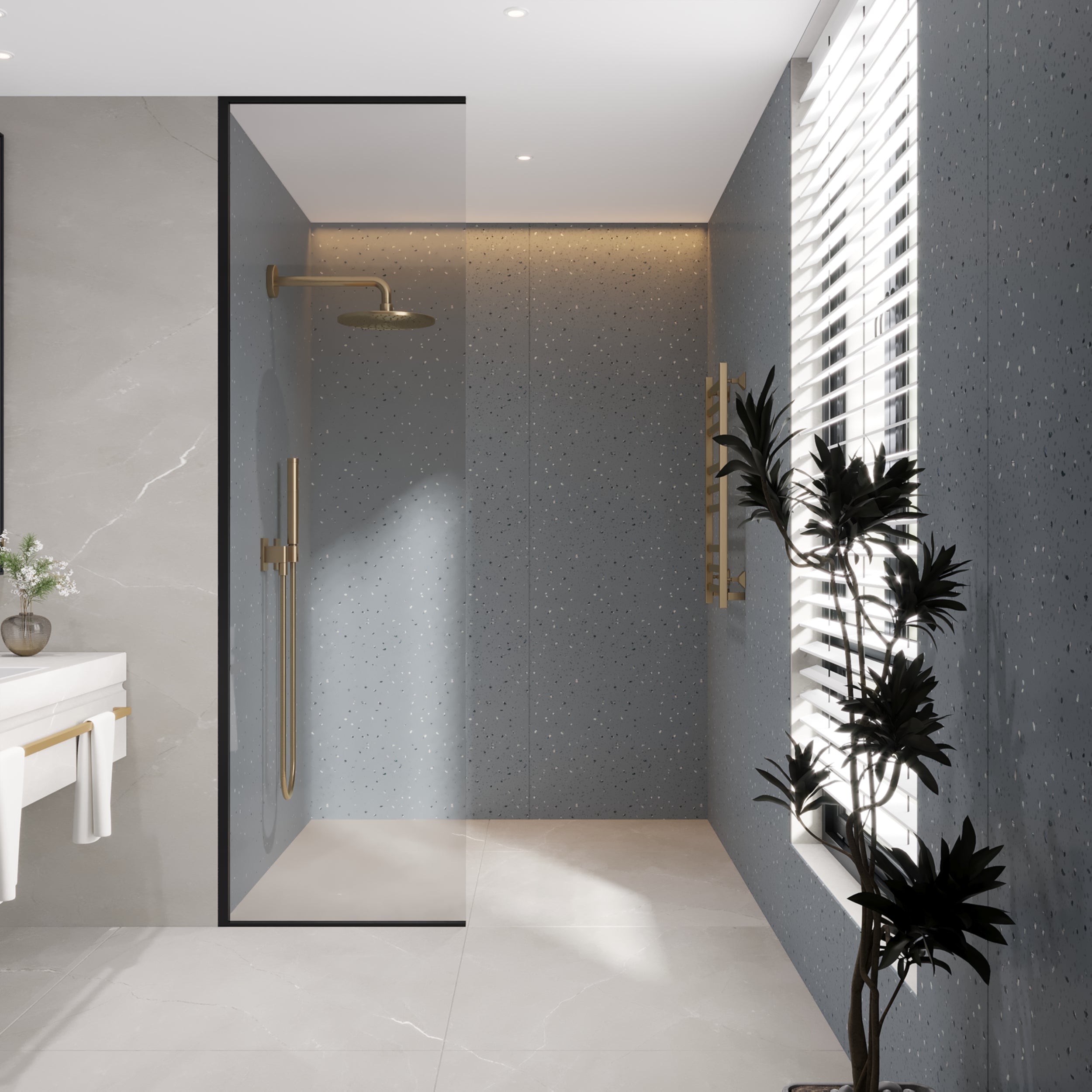 Terrazzo-like grey sparkle PVC bathroom wall panels with modern waterproof finish.