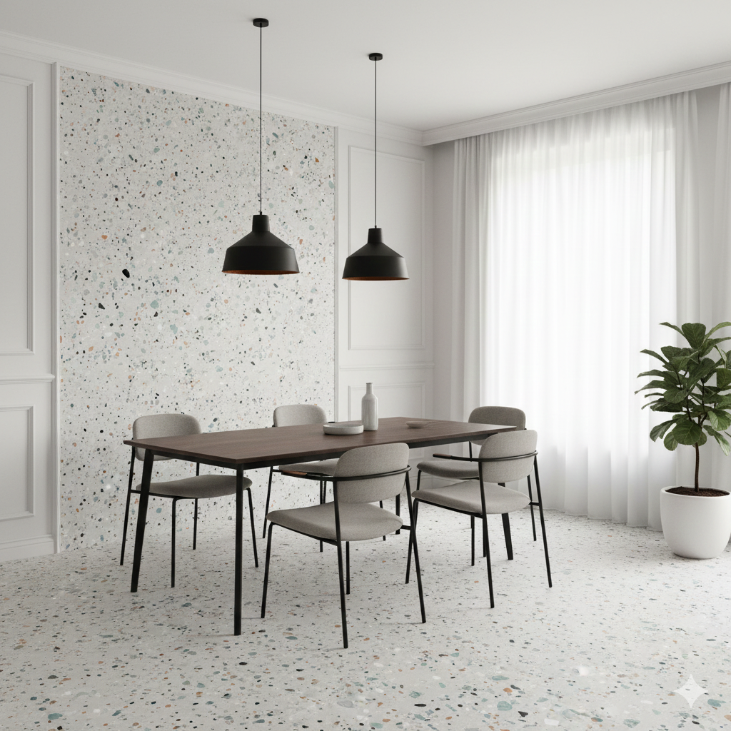 Terrazzo effect white ceramic wall and floor tiles with matt finish for modern and traditional interiors.