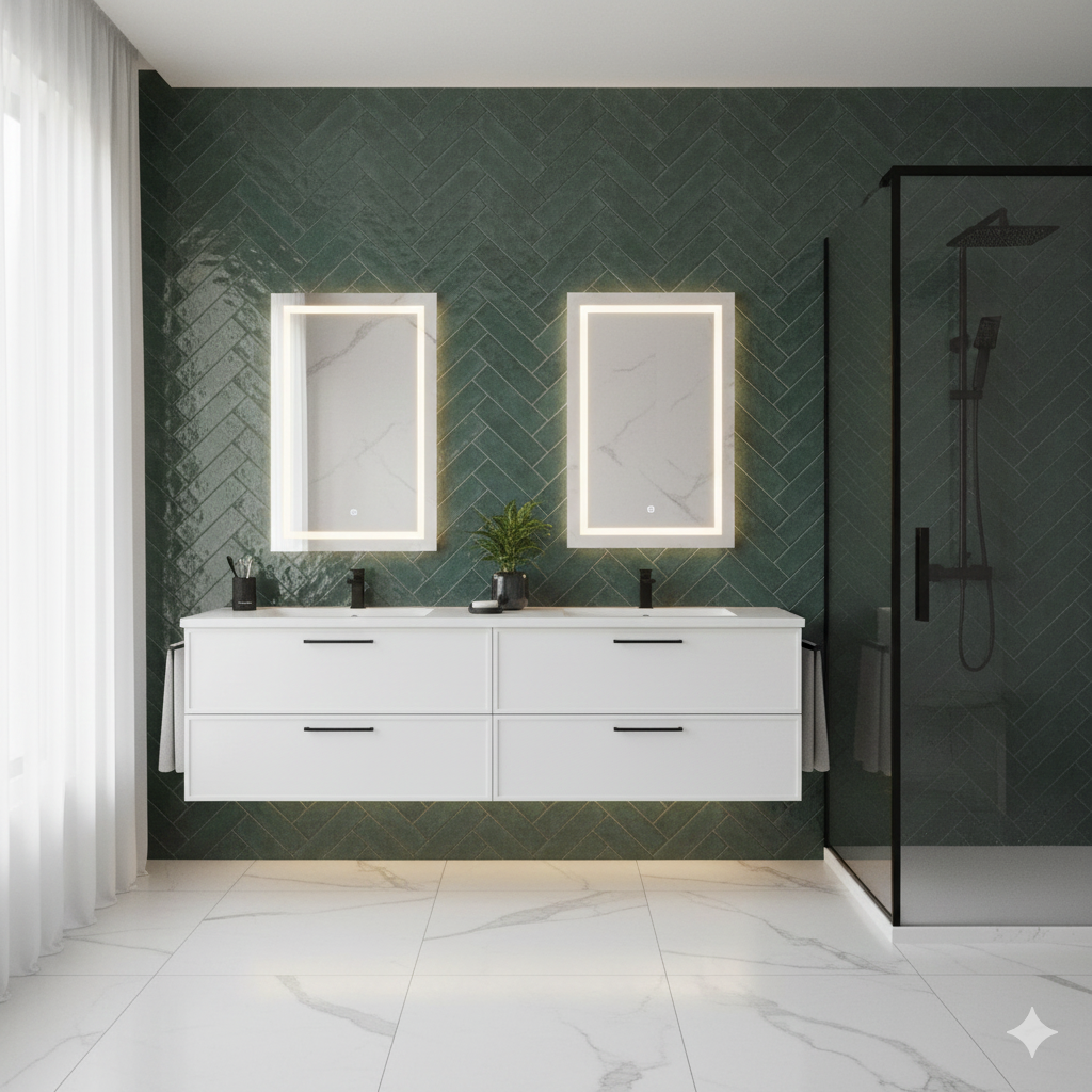 Textured green porcelain wall and floor tiles in glossy designer style