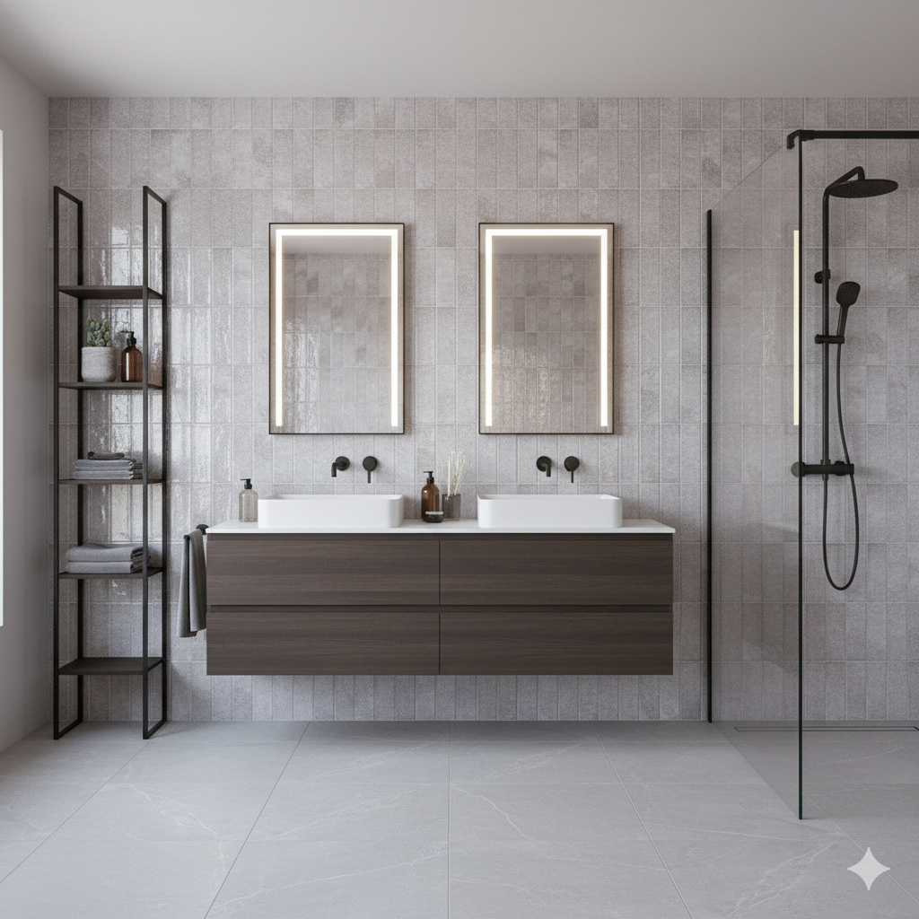 Textured grey porcelain wall and floor tiles with reflective glossy surface
