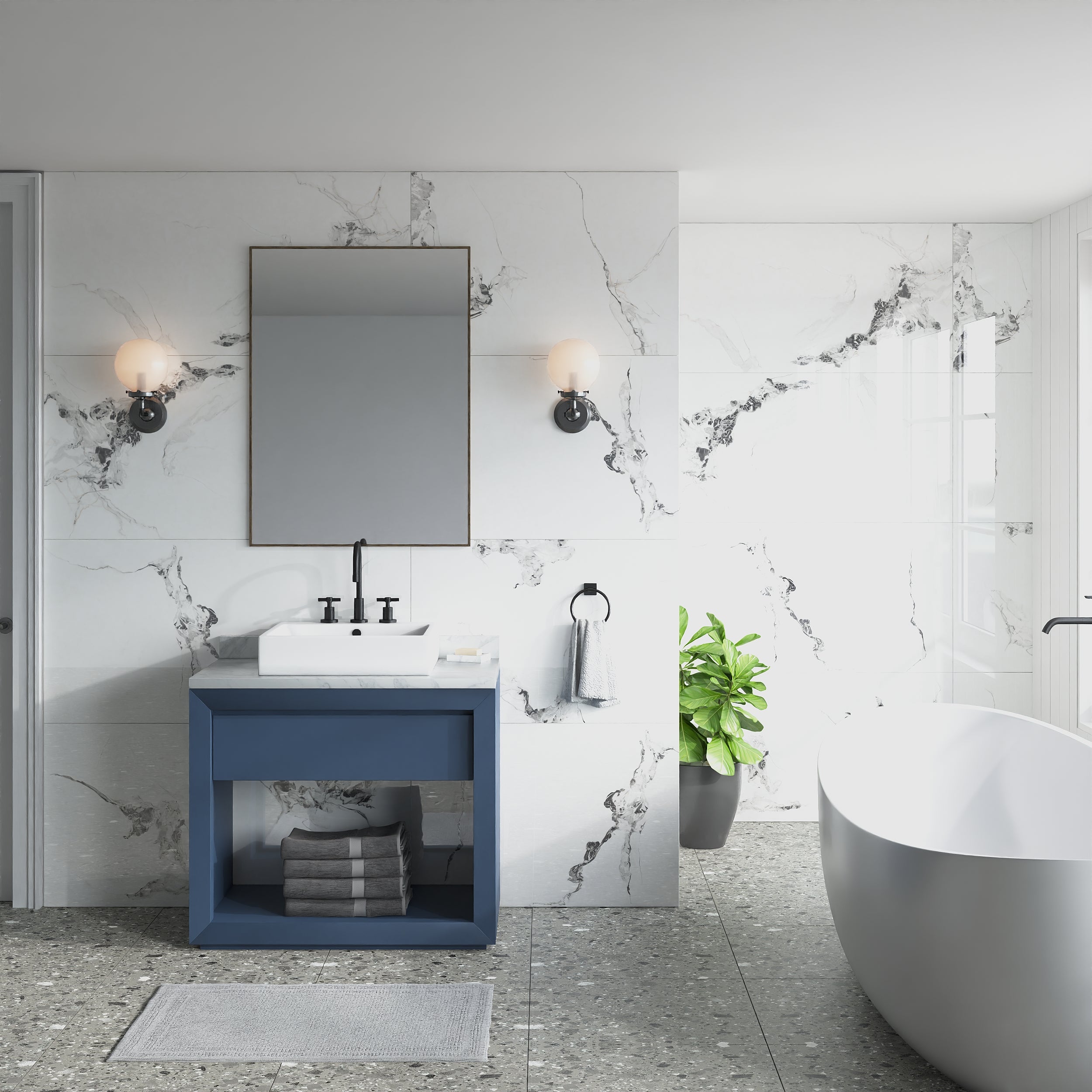 Glossy white marble effect tiles with bold grey veins for luxurious wall and floor design