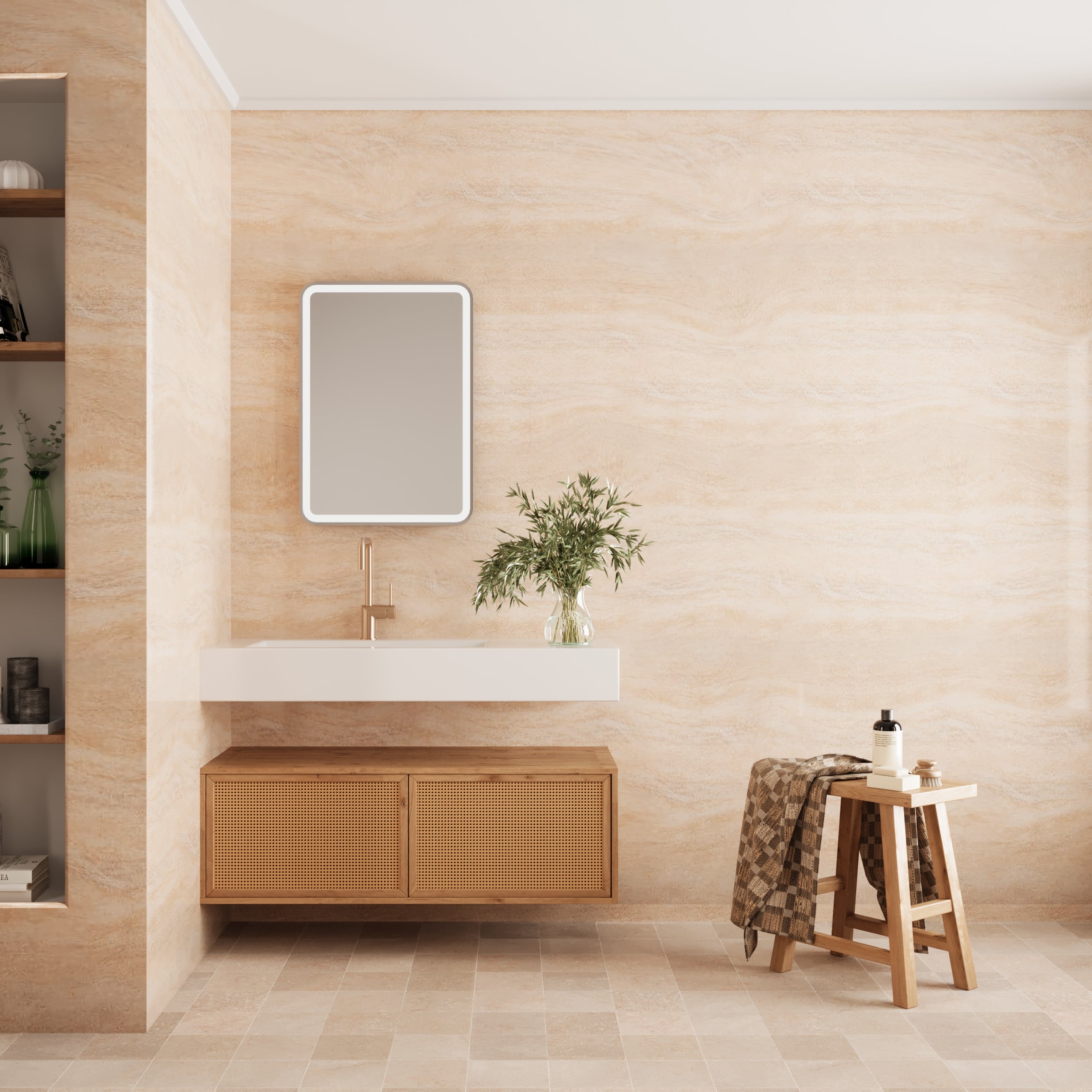 Travertine matt earth-toned Bathroom wall panels with natural stone look for modern spaces.