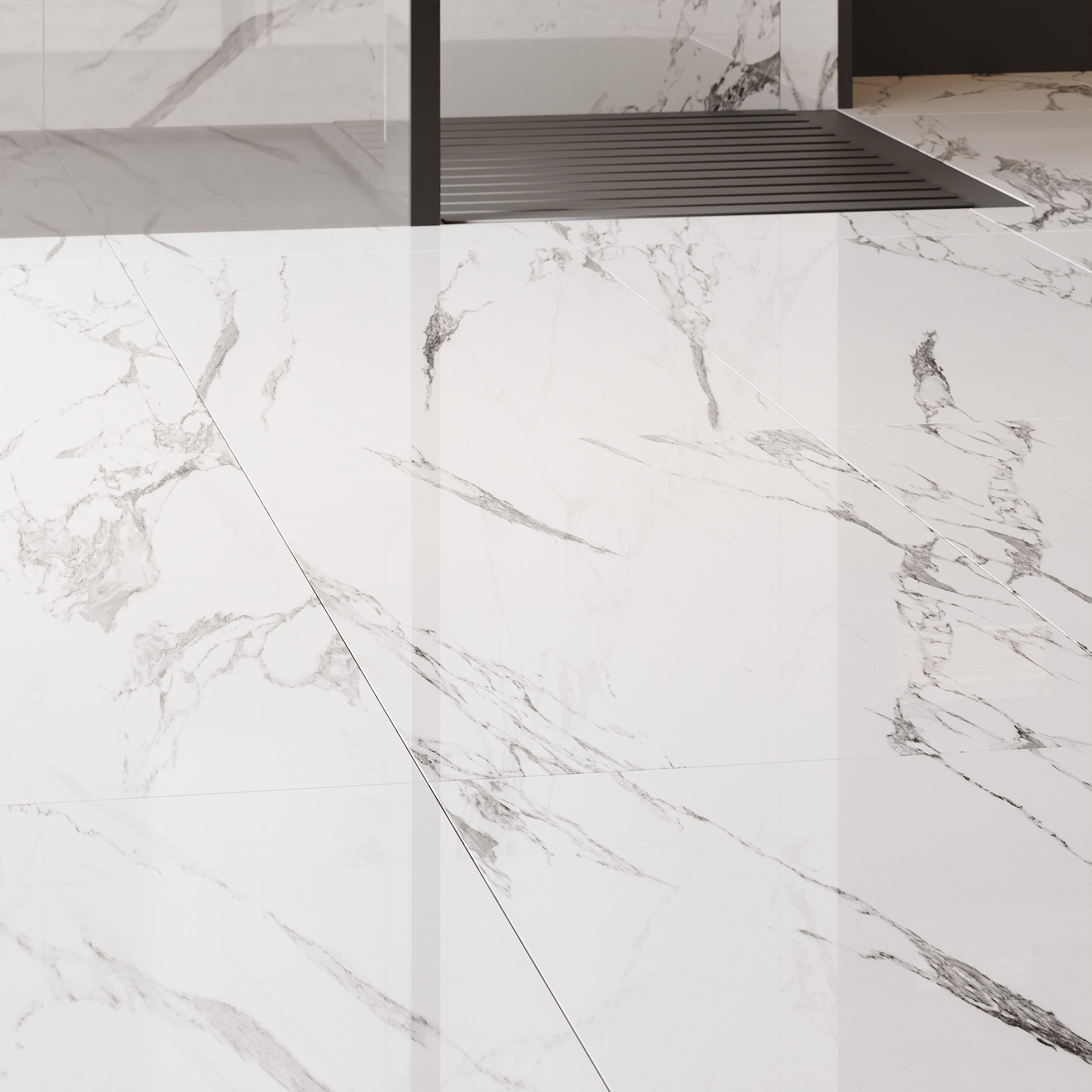 Large format marble look porcelain wall and floor tiles with polished finish, reflective and easy to clean.