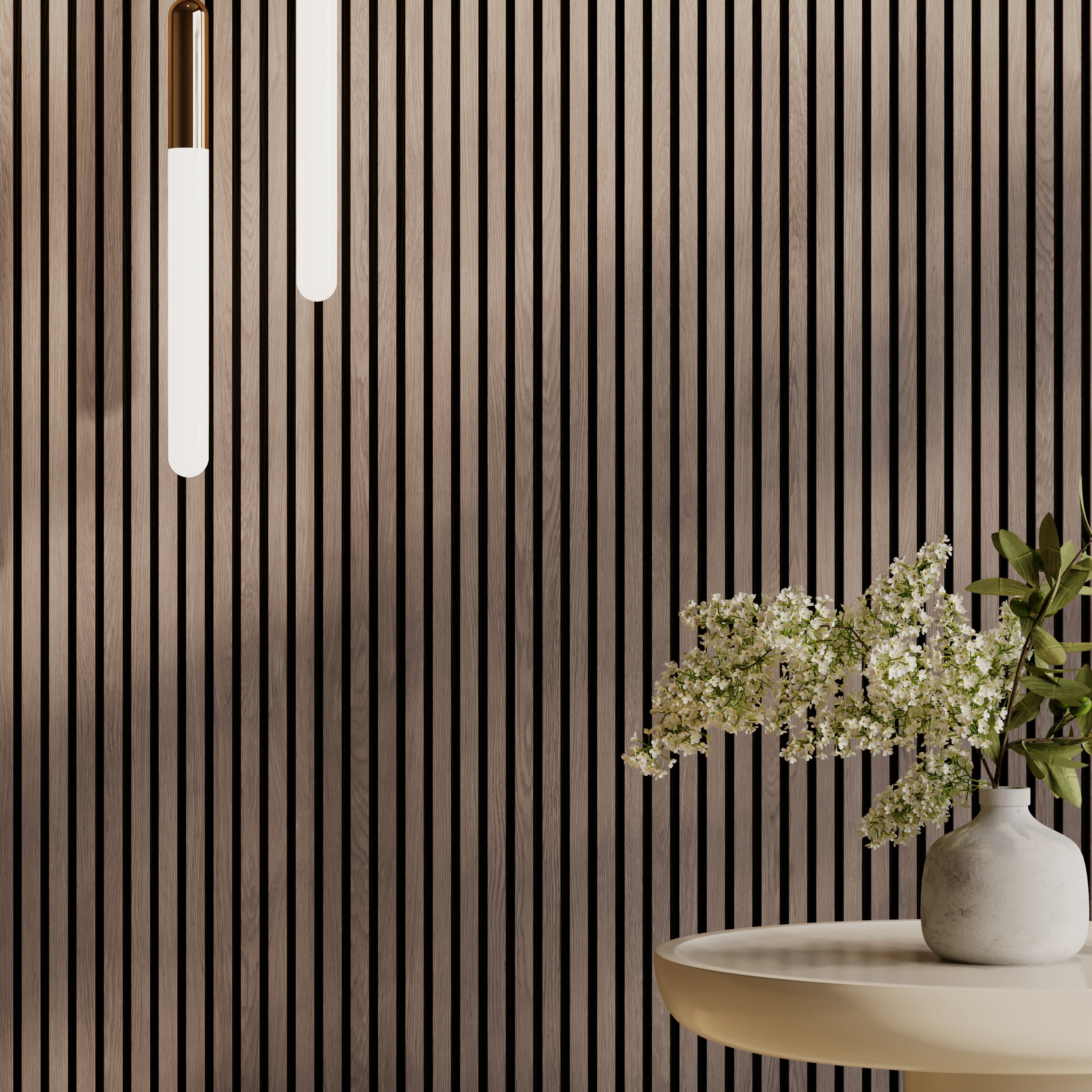 Walnut acoustic slat wall panels with sound absorbing core for calm, refined home and commercial spaces.