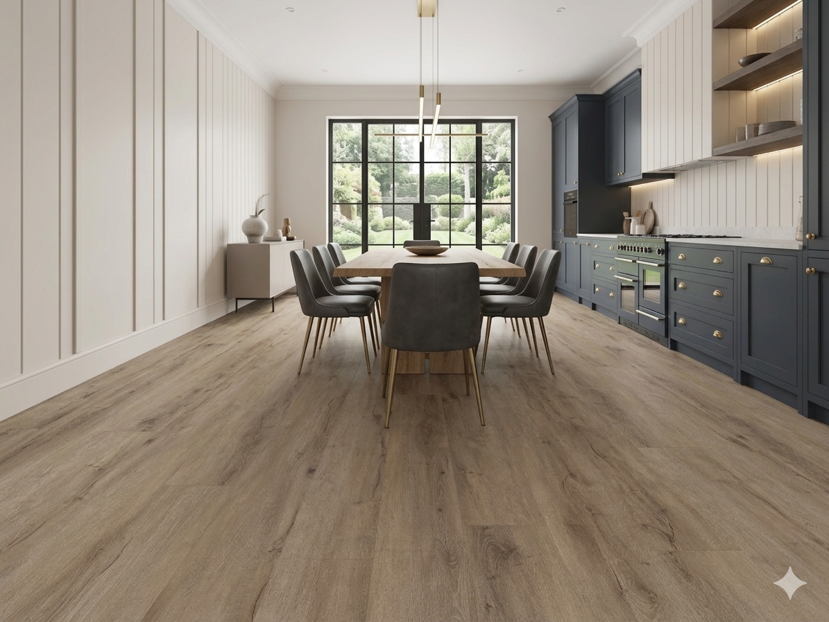 Warm Grey Oak LVT SPC Flooring with natural wood grain and premium matt finish for modern interiors