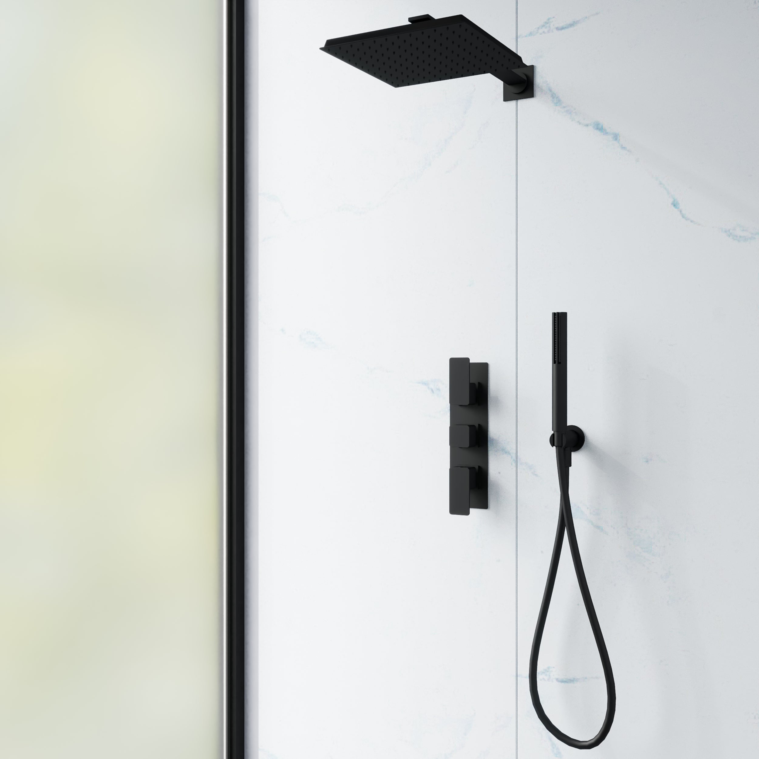 Waterproof blue marble effect shower panels with glossy seamless wall finish.