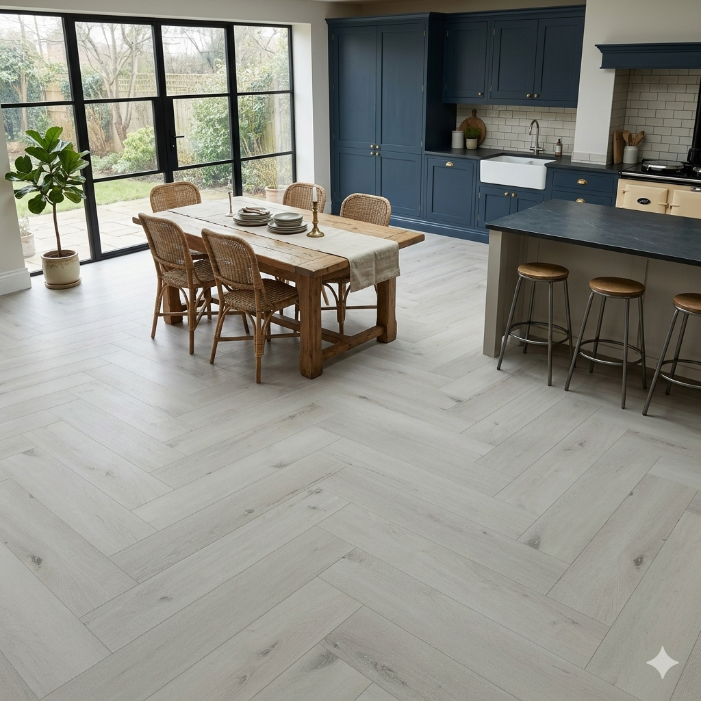 White ash LVT SPC Flooring with matt herringbone pattern for bright modern interiors.