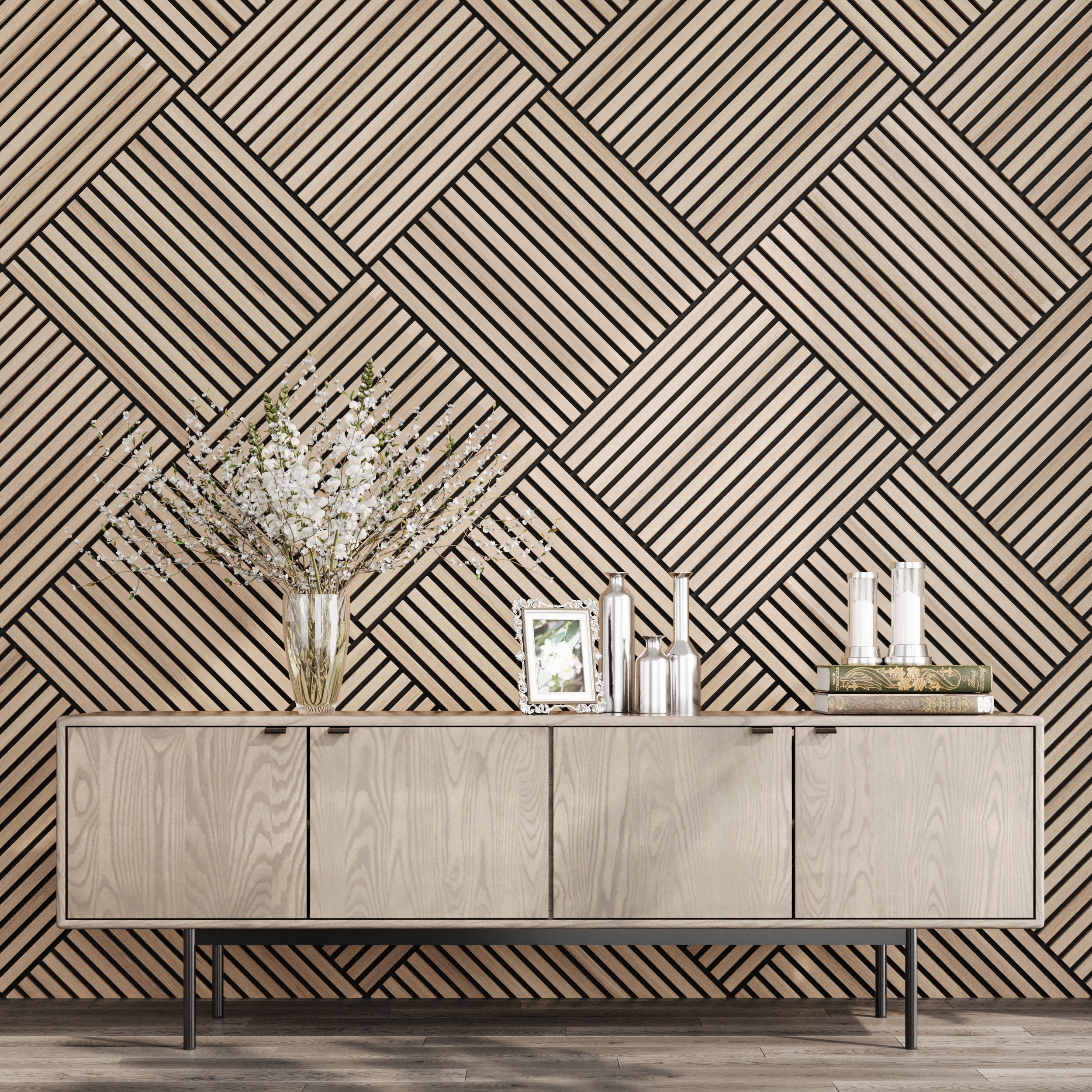 White oak acoustic wall cladding for home, office, and studio sound control, Acoustic Boards 60x60