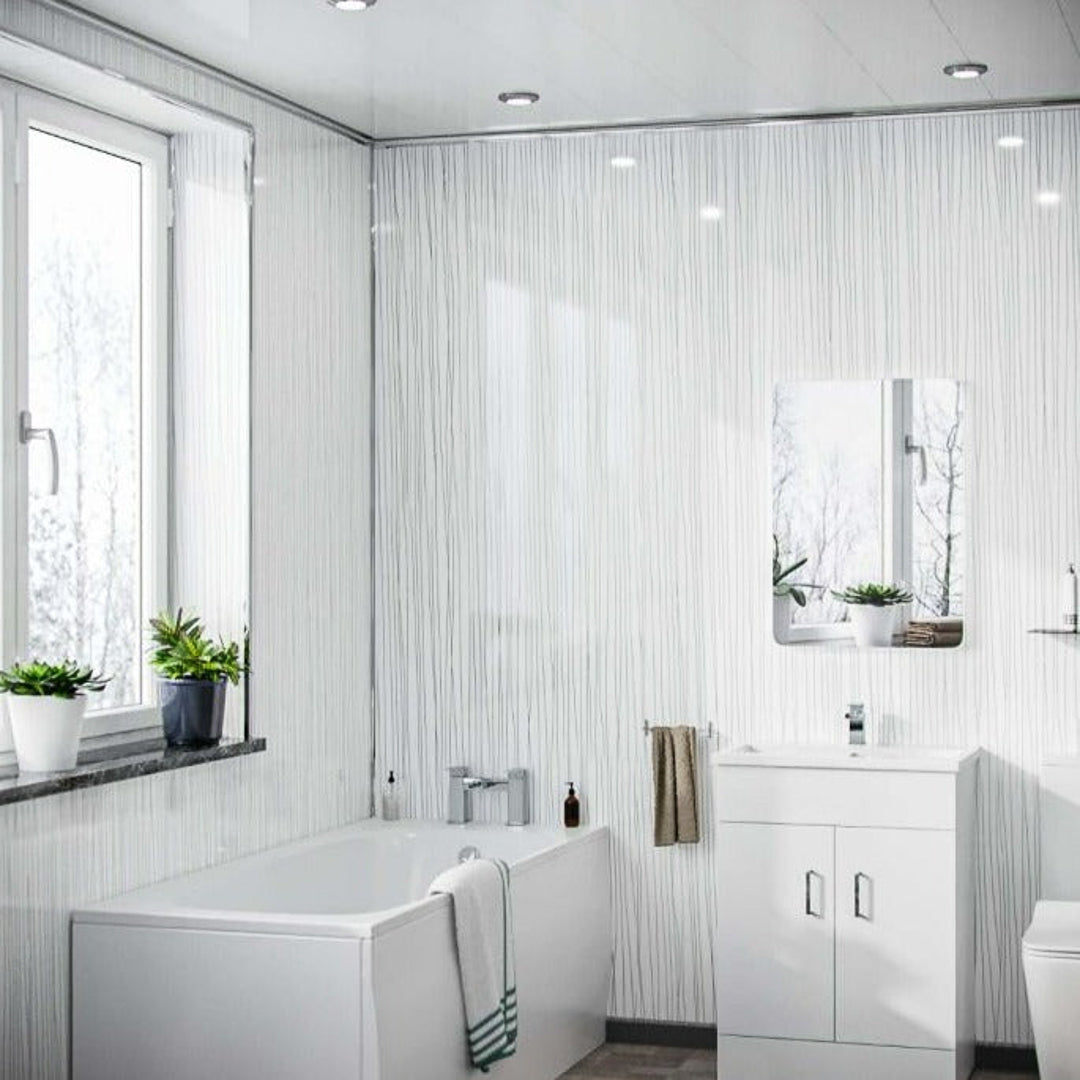 Luxury Bathroom having White String PVC Wall panels on walls.