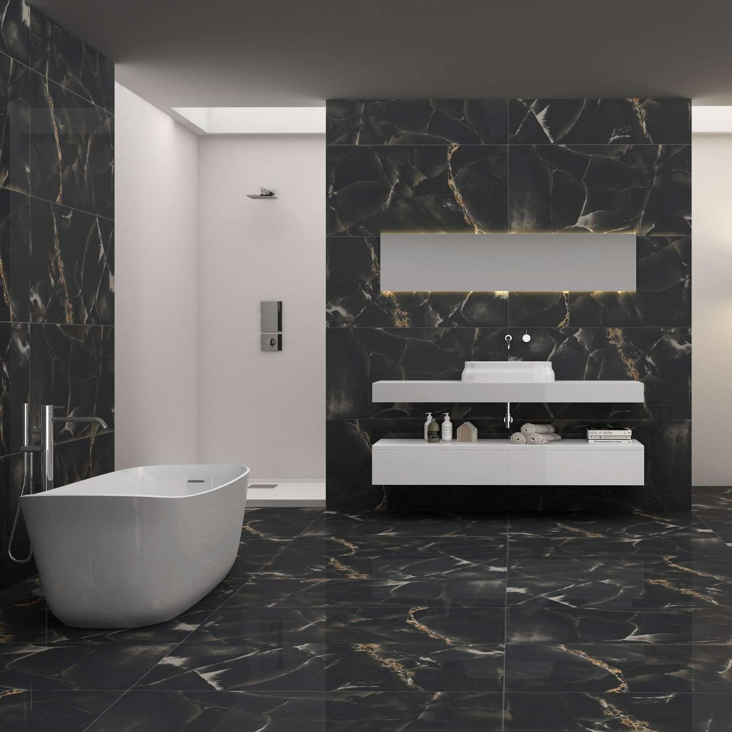 Luxury Bathroom having Crystal Onxy Polished Marble tiles on walls and floor. 