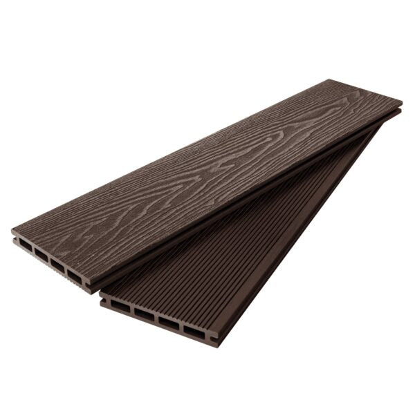 Pieces of Chocolate Brown Outdoor Decking for flooring.