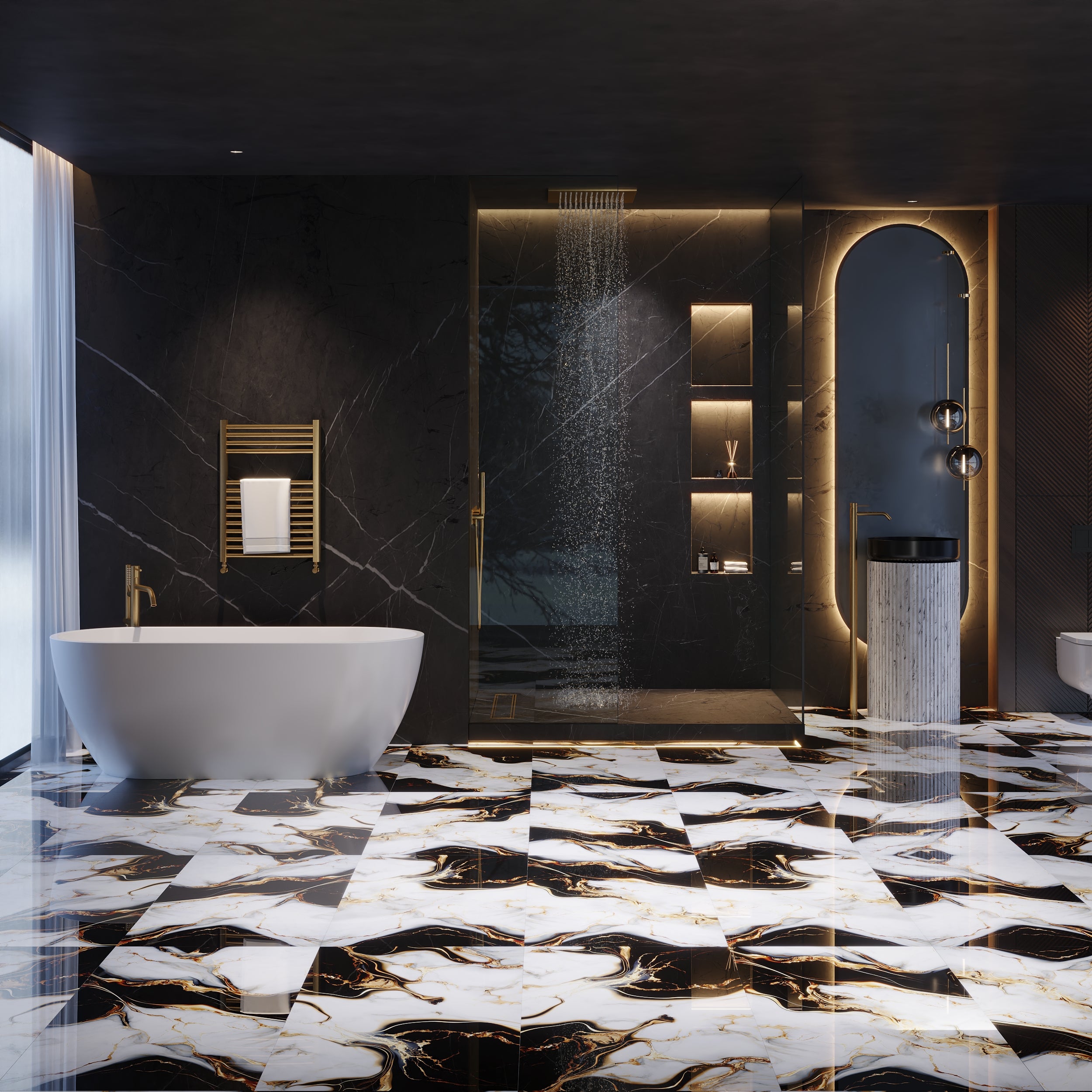 Ebilon Black Marble Effect Porcelain Wall And Floor Tiles with high-gloss reflective finish.