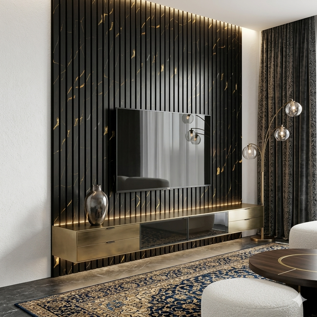 Acoustic Wood Panel Black Gold Marble