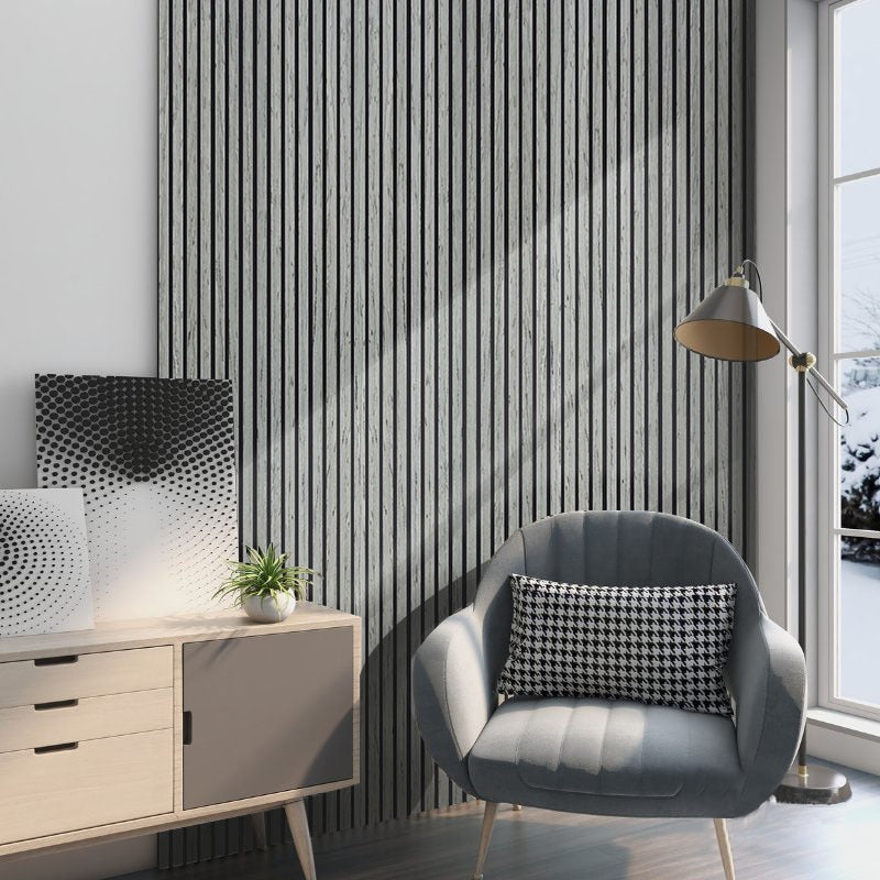 Ash Grey acoustic slat wood panel for walls and ceilings.