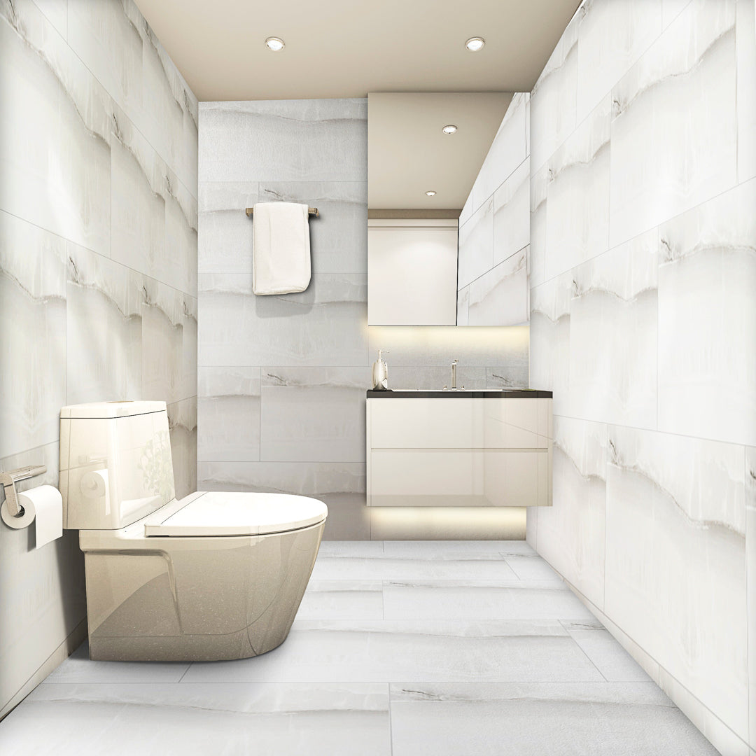 Ionic Gentle Veins White Porcelain Wall And Floor Tiles with subtle marble effect veins.