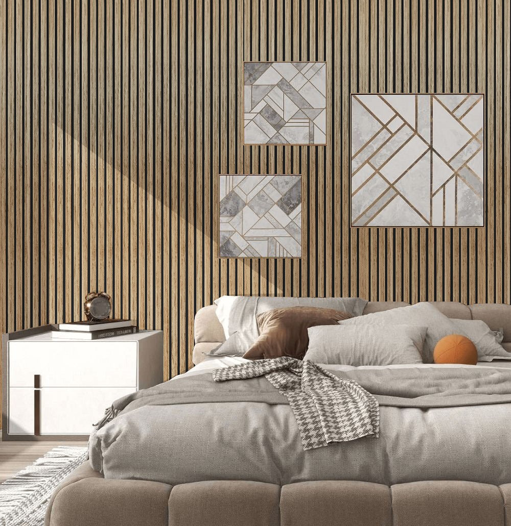 Light walnut acoustic slat wood panel for walls and ceilings.