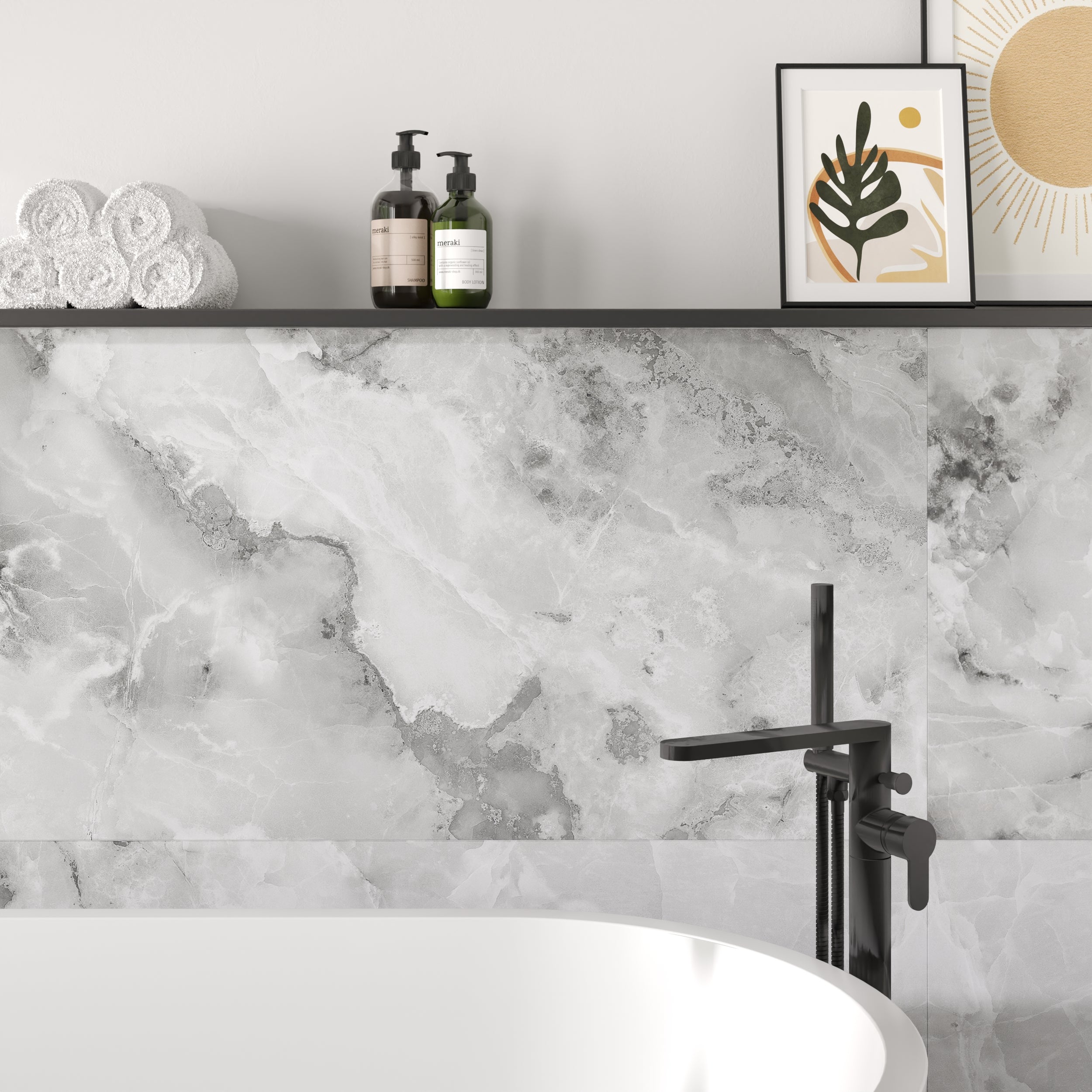Onyx Reveria Gris Tile: Sleek grey veined tile with a glossy finish.