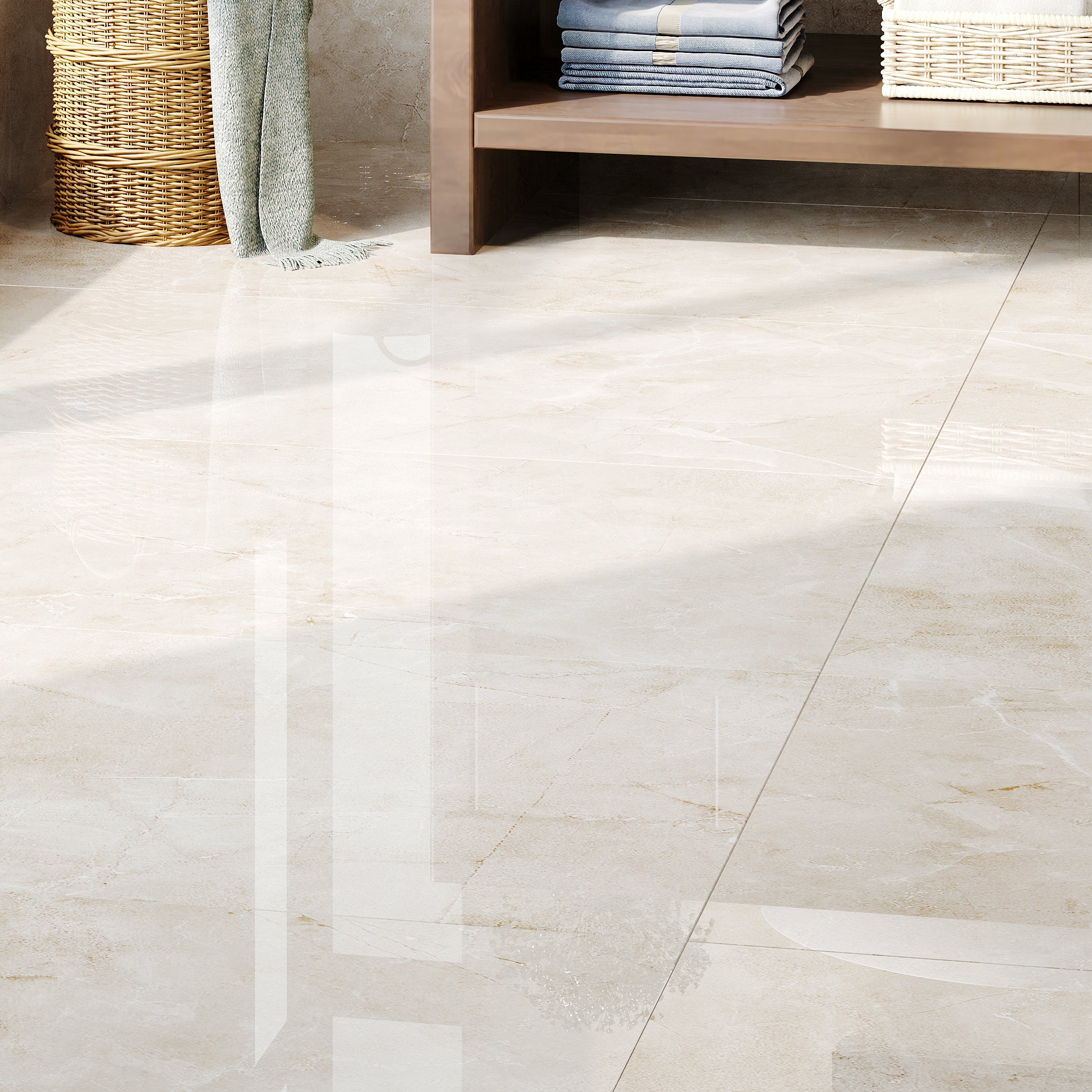 Hampton Cream Polished Stone Effect Porcelain Tiles