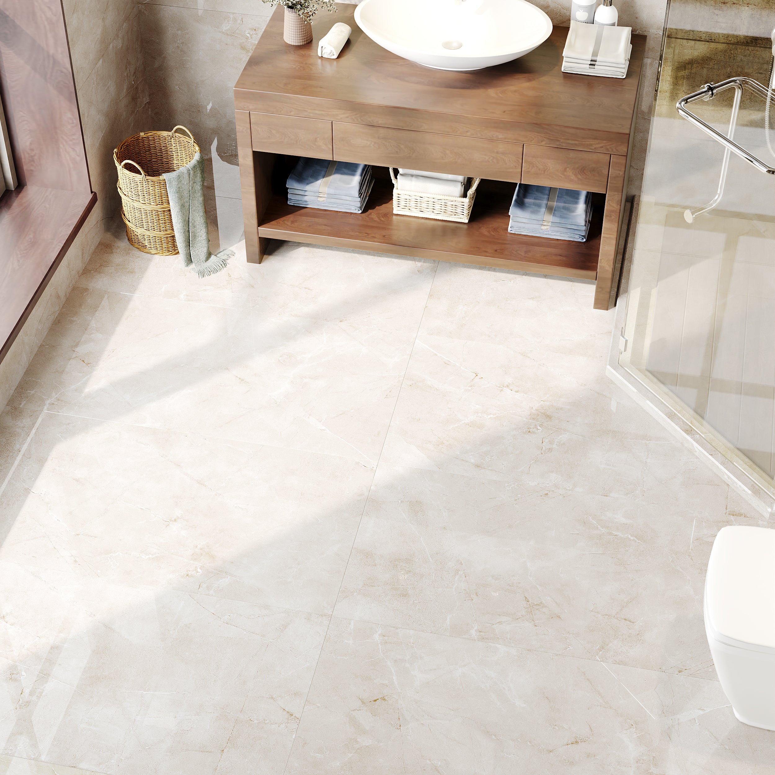 Hampton Cream Polished Stone Effect Porcelain Tiles