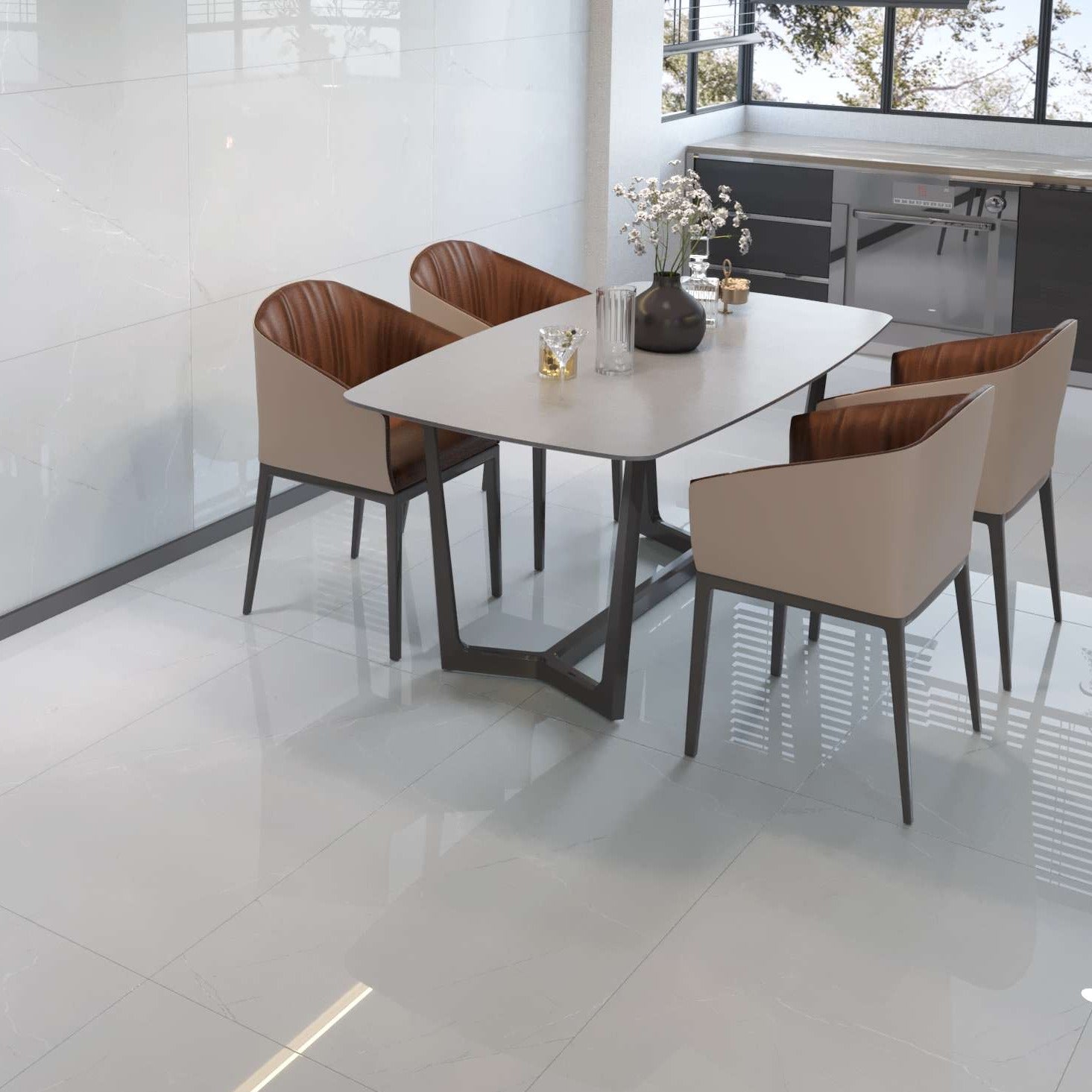 Luxury livingroom interior with Polished Vitrum Silver Marble tiles on walls and floor.