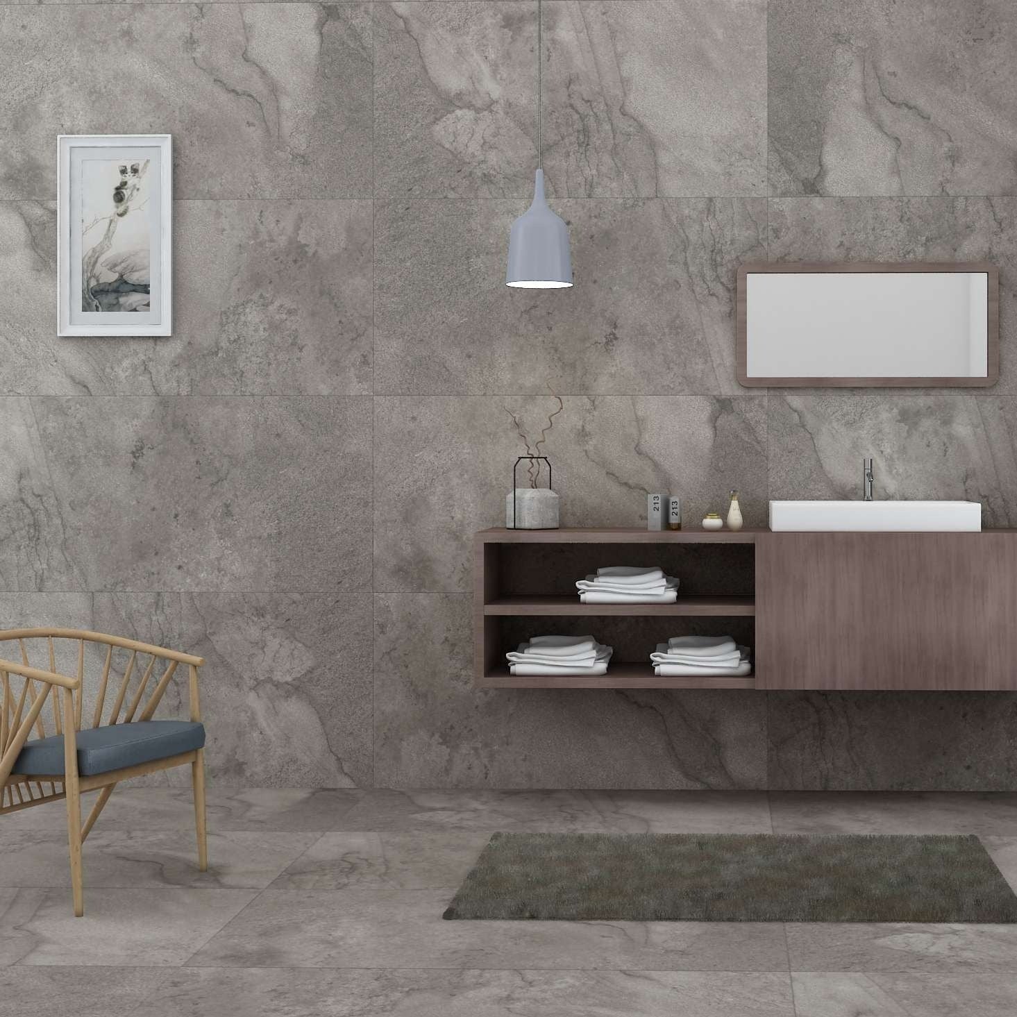 Luxury washroom interior with Grey Marble Walls, Tiled Floor and a chair.