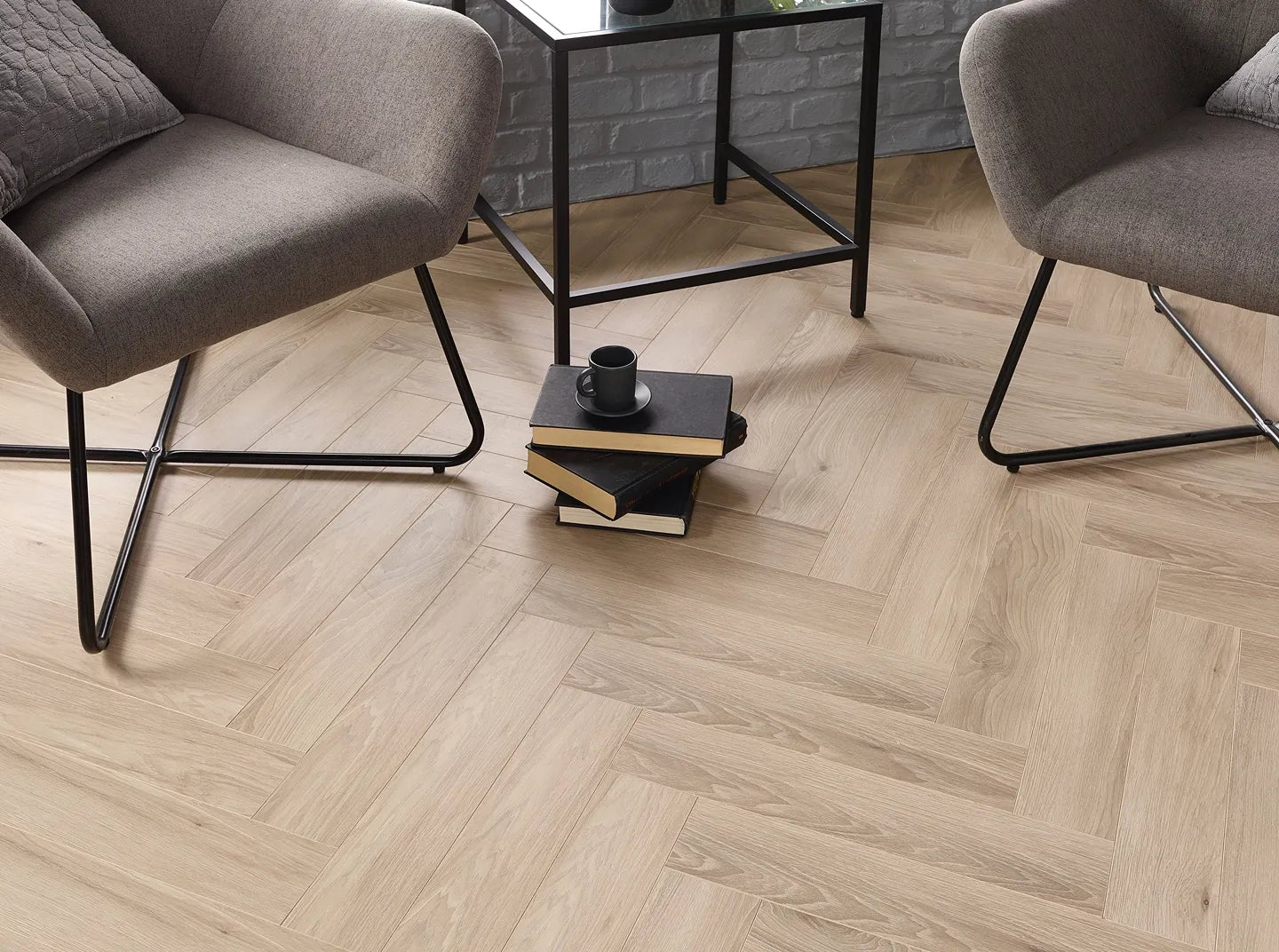 AC5 waterproof herringbone laminate flooring with parquet design and porcelain wall and floor tiles