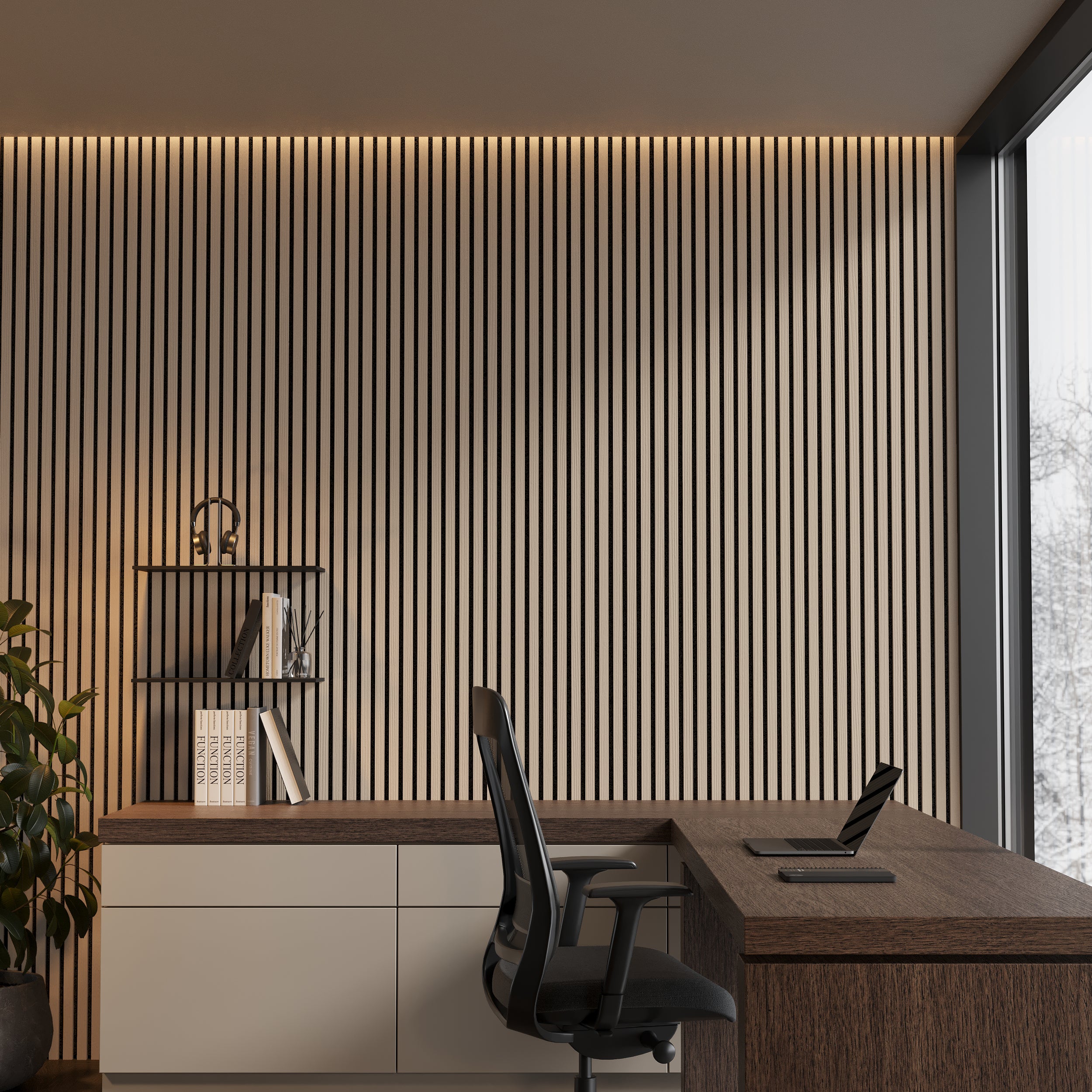Acoustic white oak slatted wall panels for soundproofing and modern interiors.