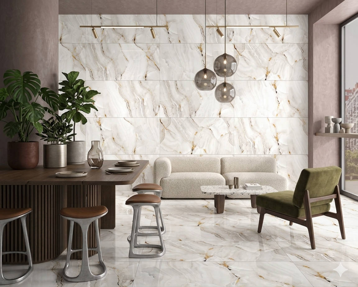 Alina Gold porcelain wall and floor tiles with glossy white marble and geometric design.