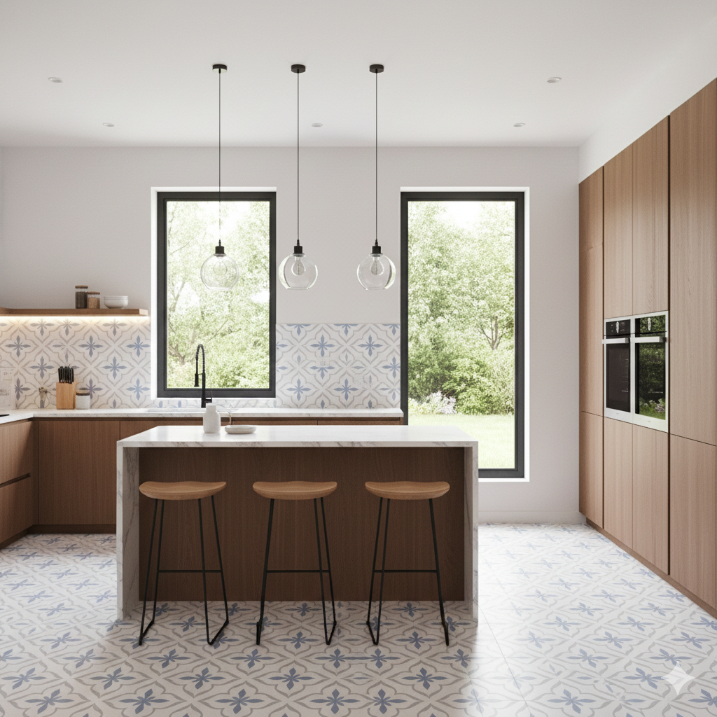 Antique Cube patterned blue and white porcelain wall and floor tiles with matt finish for interiors.
