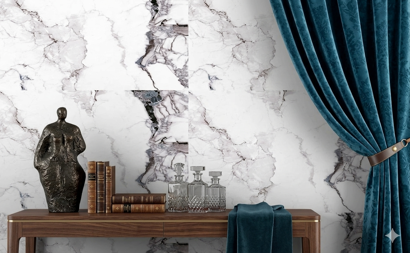Arezzo porcelain wall and floor tiles with white marble effect and geometric glossy finish.