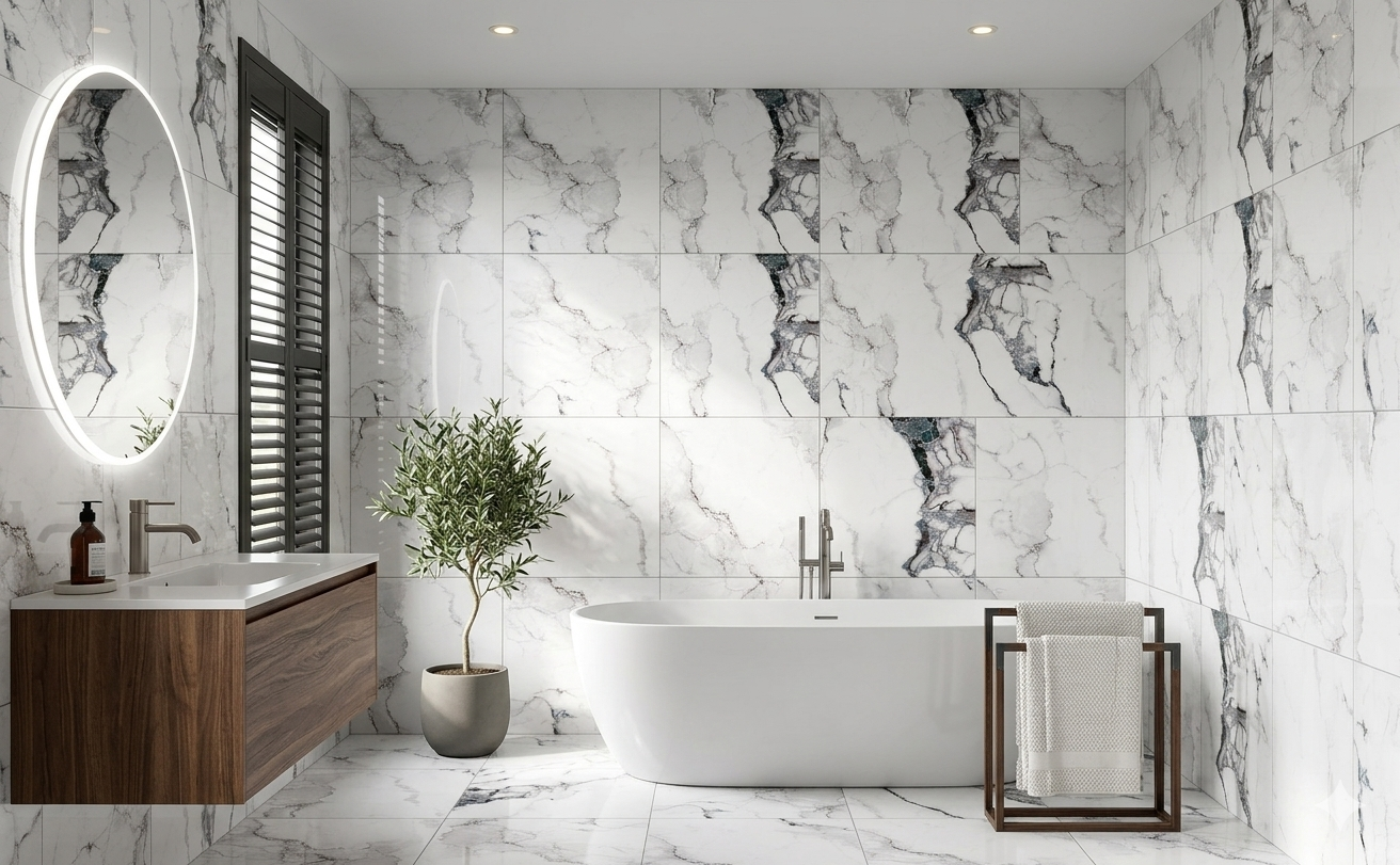 Arezzo white marble effect porcelain wall and floor tiles with a glossy finish for bright modern interiors.